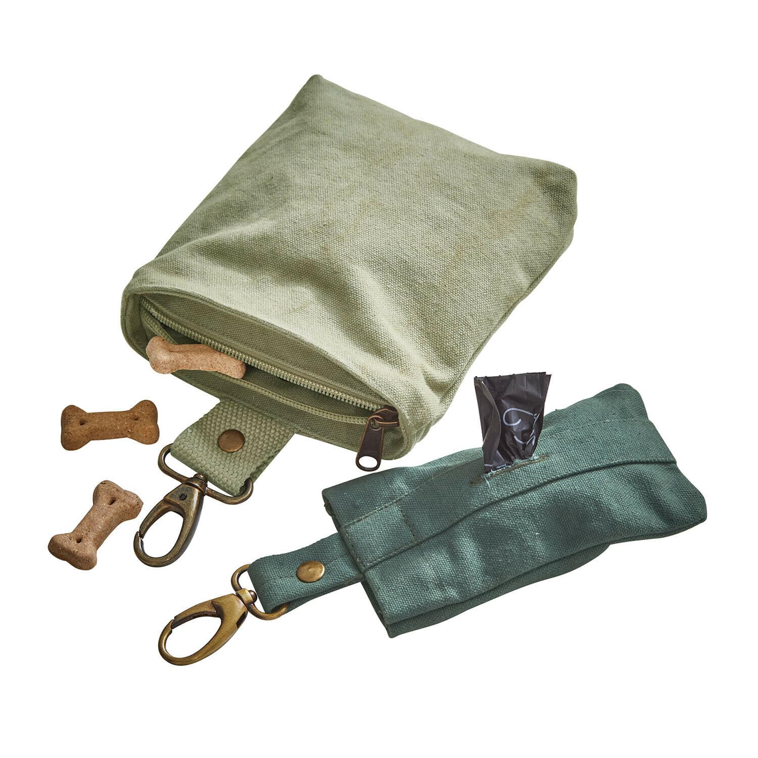 Set de 2 bolsitas para mascotas Lunapet Bolsa de algodón verde y oliva para golosinas de perro con mosquetones y premios