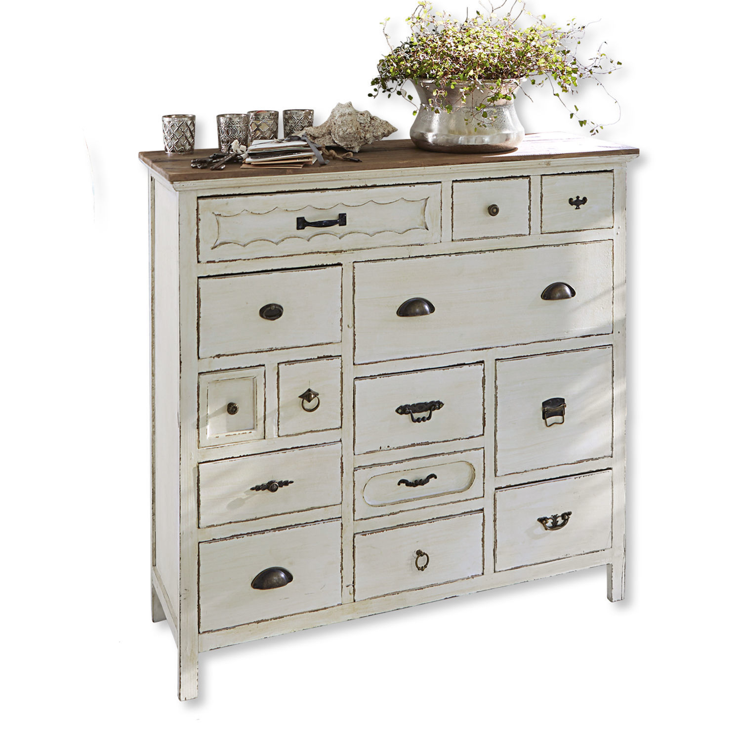 Cómoda Grayson Cómoda blanca de madera con múltiples cajones y tiradores metálicos para almacenamiento en sala