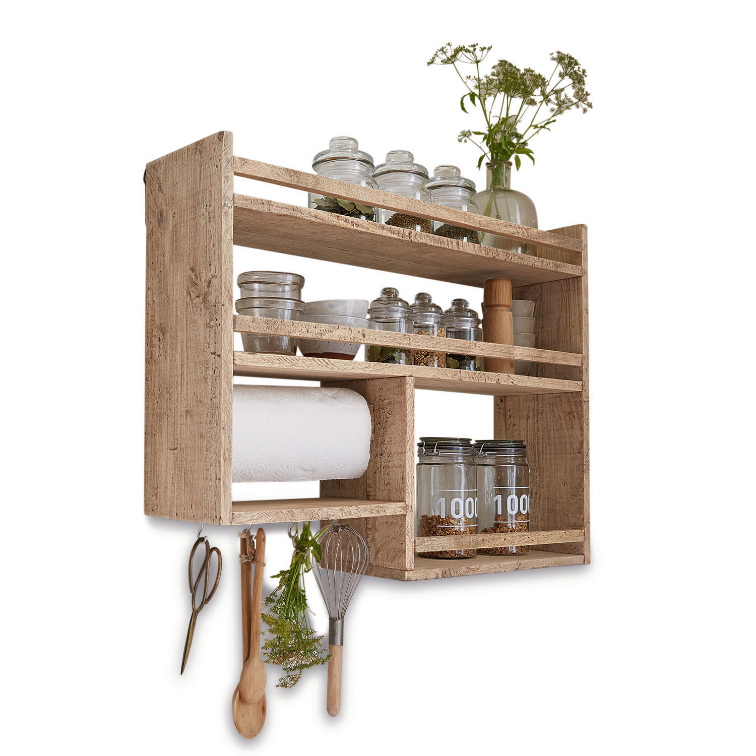 Especiero Loré Estante de pared de madera con soporte para papel de cocina y frascos de vidrio para especias