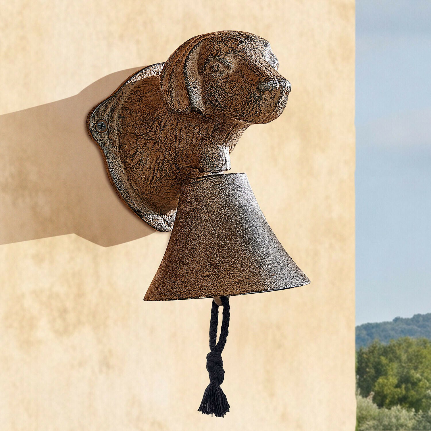 Campana de pared de bronce con cabeza de perro y cuerda negra, decoración rústica para jardín