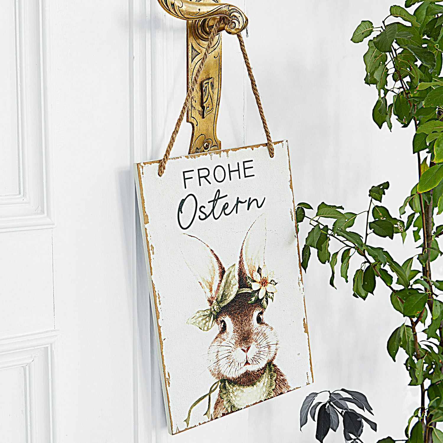 Tablero Deco Yonne Cartel decorativo blanco con texto Frohe Ostern y dibujo de conejo para decoración de Pascua
