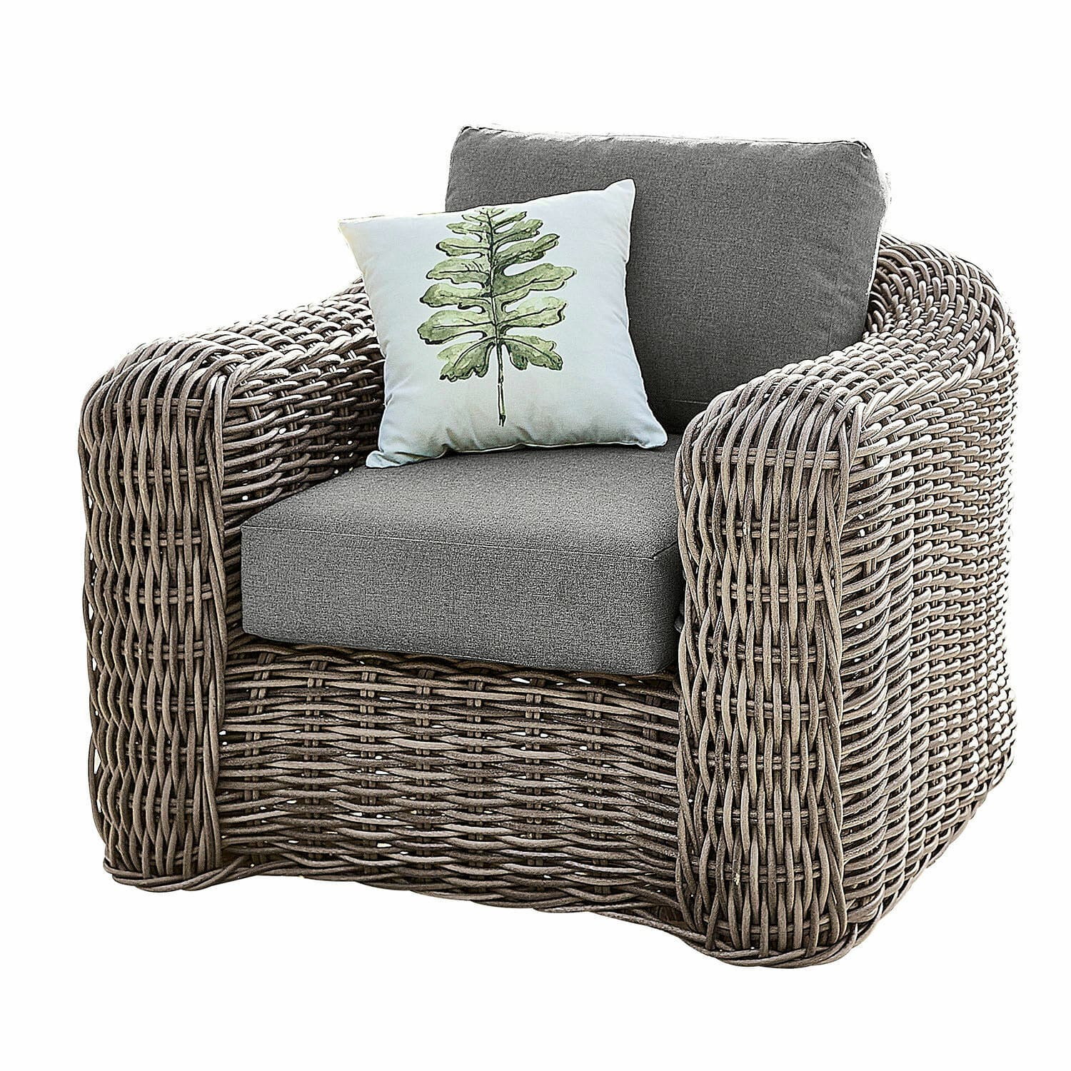 Sillón Upminster Sillón de ratán trenzado gris con cojín decorativo con diseño de hoja, mueble para exterior