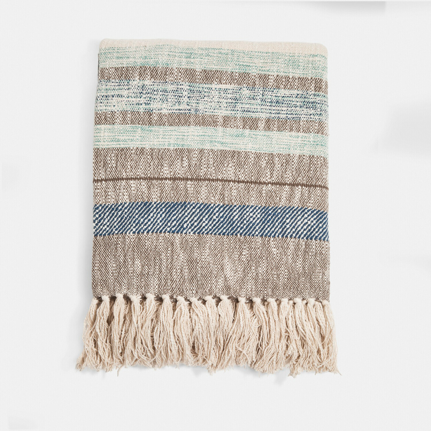 Plaid Maresas Manta de algodón a rayas beige, azul y verde con flecos, suave y decorativa para el hogar