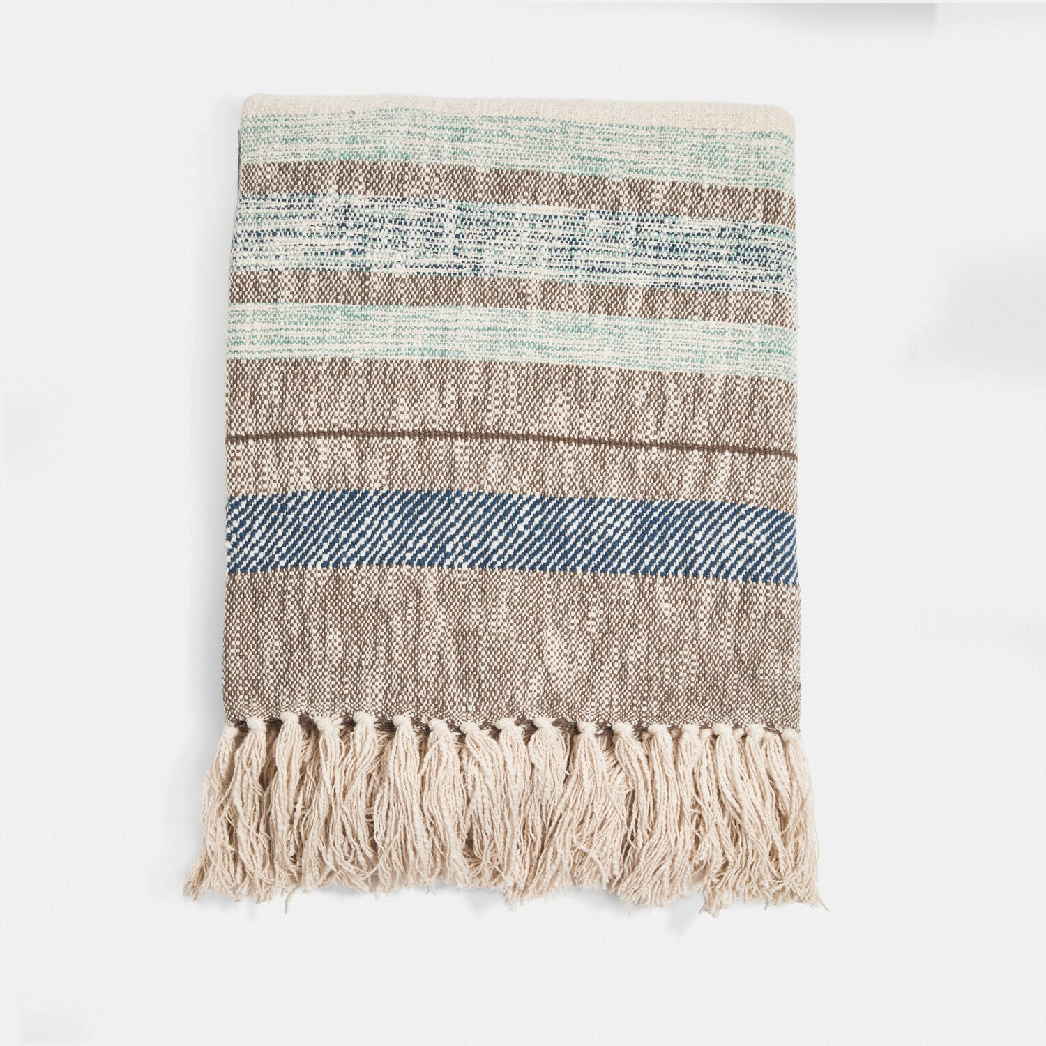 Plaid Maresas Manta de algodón a rayas beige, azul y verde con flecos, suave y decorativa para el hogar