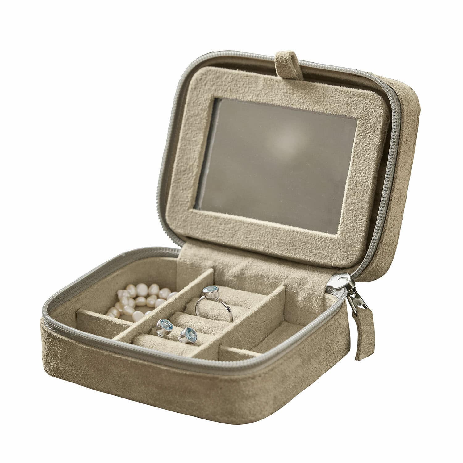 Joyero Angelique Estuche de joyería beige de ante con espejo y compartimentos para anillos y pulseras