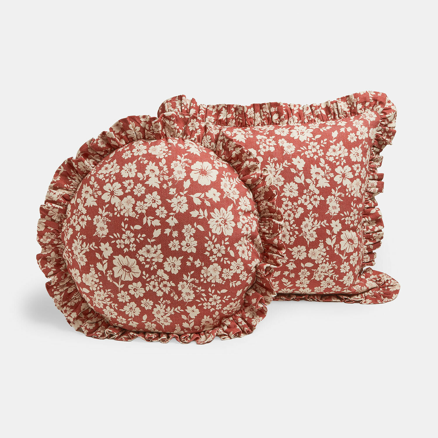 Set de 2 fundas de cojín Frambelle Conjunto de cojines decorativos de algodón rojo con estampado floral crema y borde con volantes