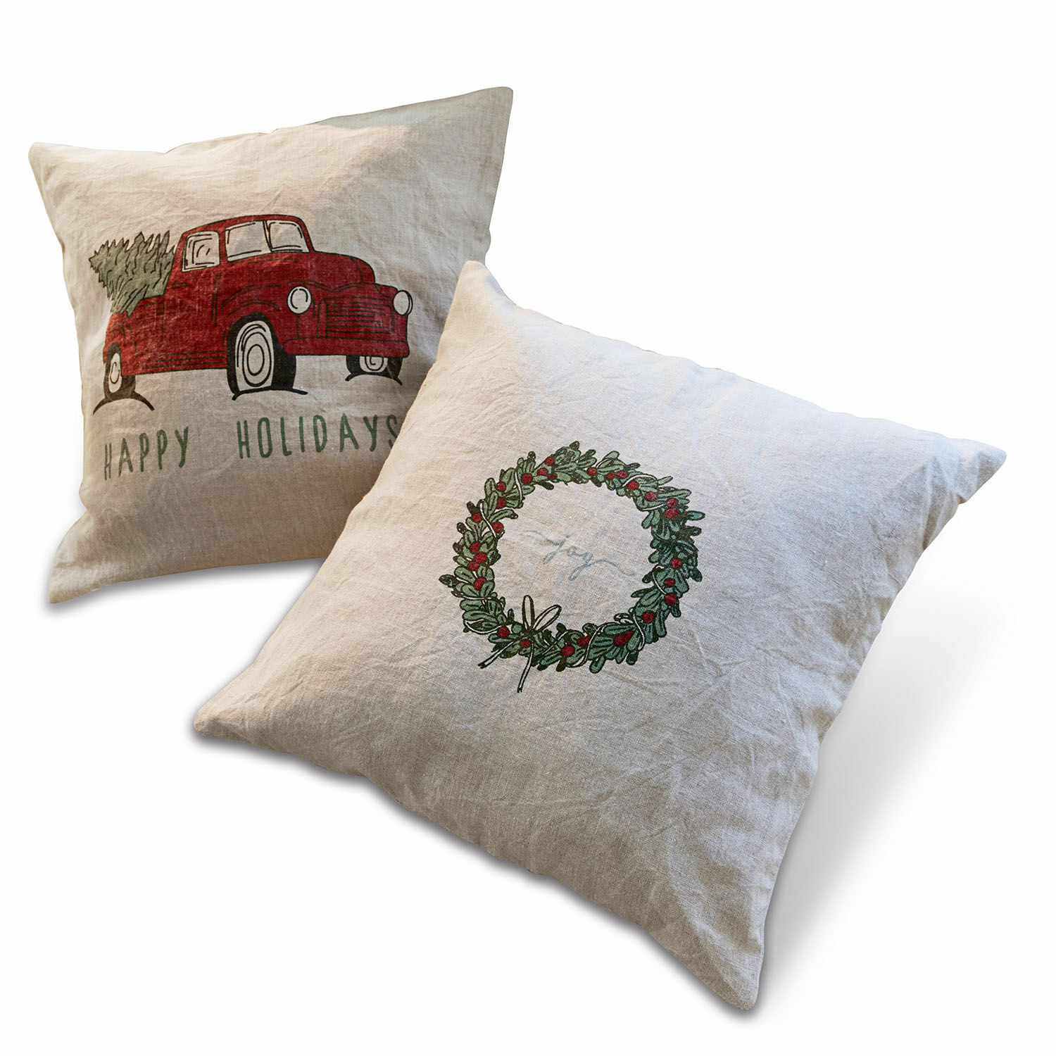 Set de 2 fundas de cojín Camon Cojines de lino con motivos navideños, camión rojo y corona verde, decoración festiva