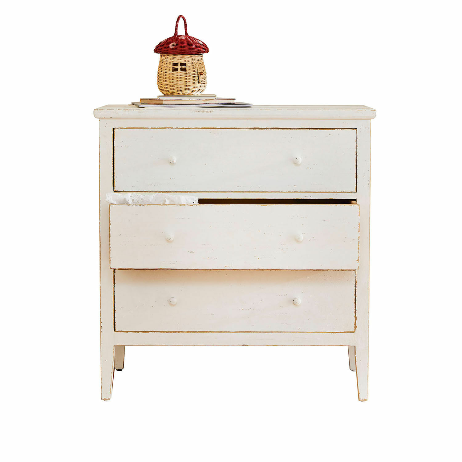 Cómoda Korelis Cómoda blanca de madera con tres cajones y cesta decorativa sobre libros, mueble de salón