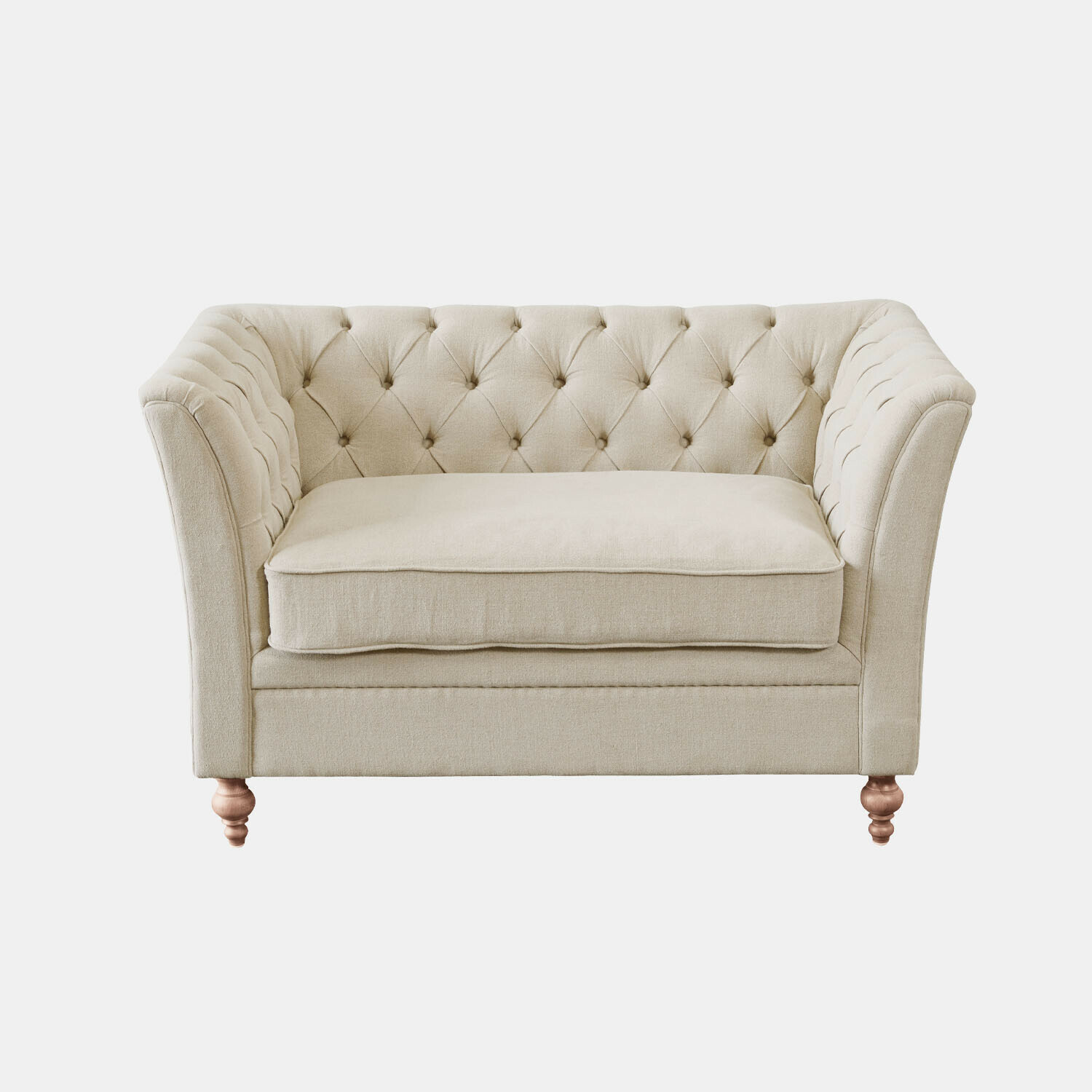 beige Sofá beige de tela con respaldo capitoné y patas de madera, mueble elegante para salón