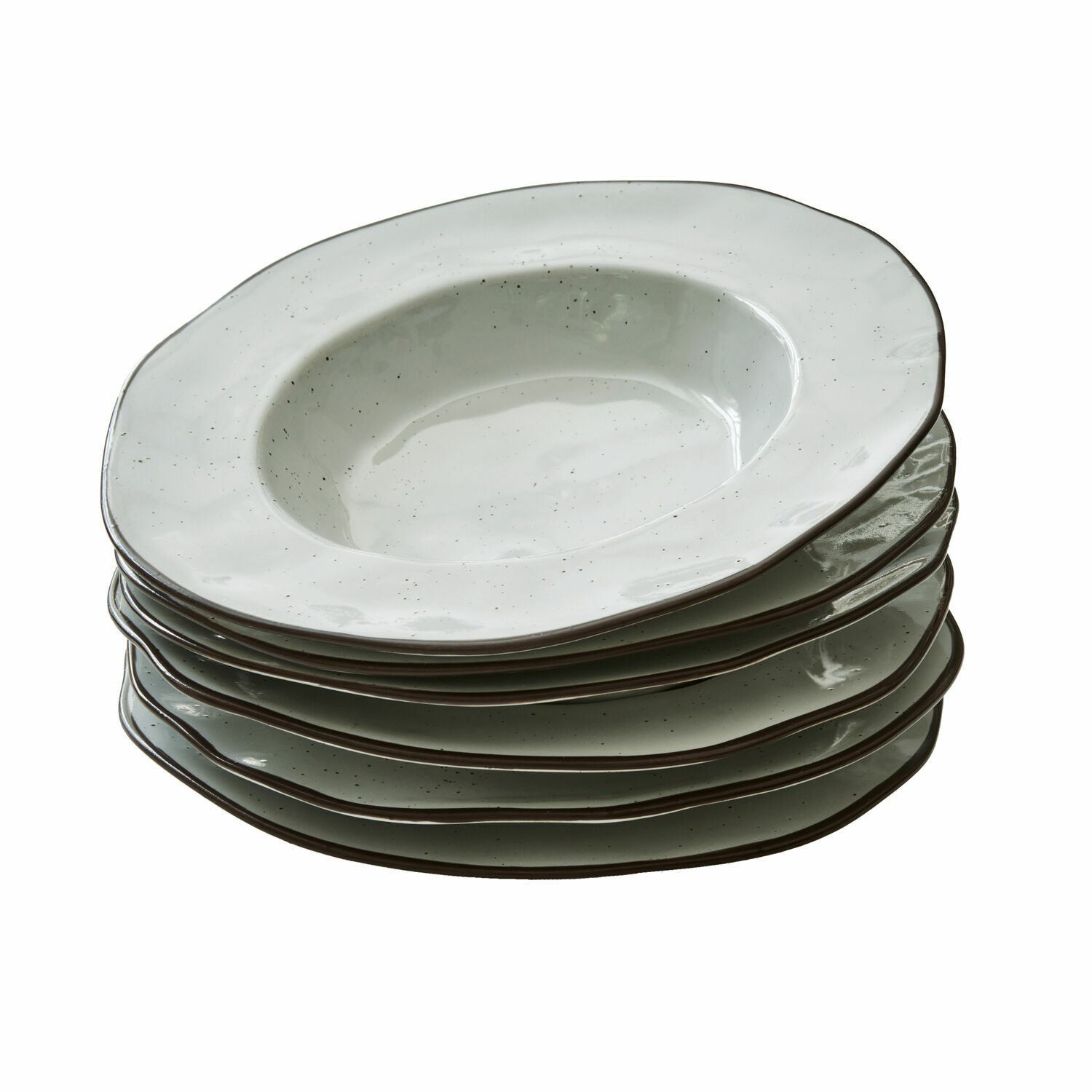 Set de 6 platos hondos Biarré Juego de seis platos hondos de cerámica blanca con pequeñas manchas y borde marrón