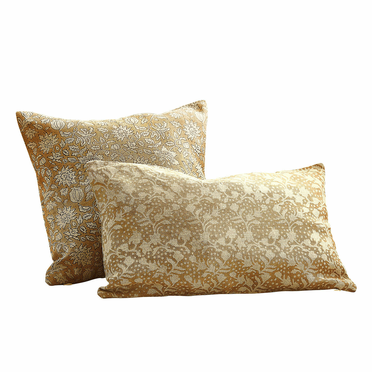 Set de 2 fundas de cojín Nalefor Conjunto de dos cojines decorativos de algodón en beige y marrón con motivos florales para salón
