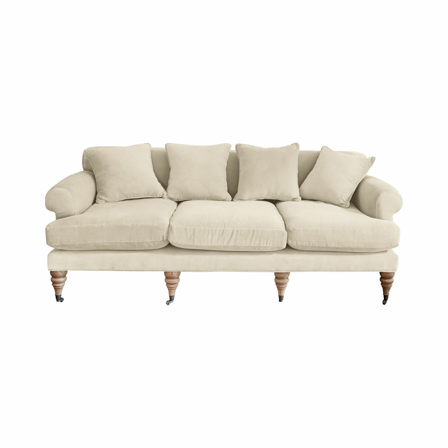 beige Sofá beige Kazimir de tela suave con cojines y patas de madera, mueble cómodo para salón