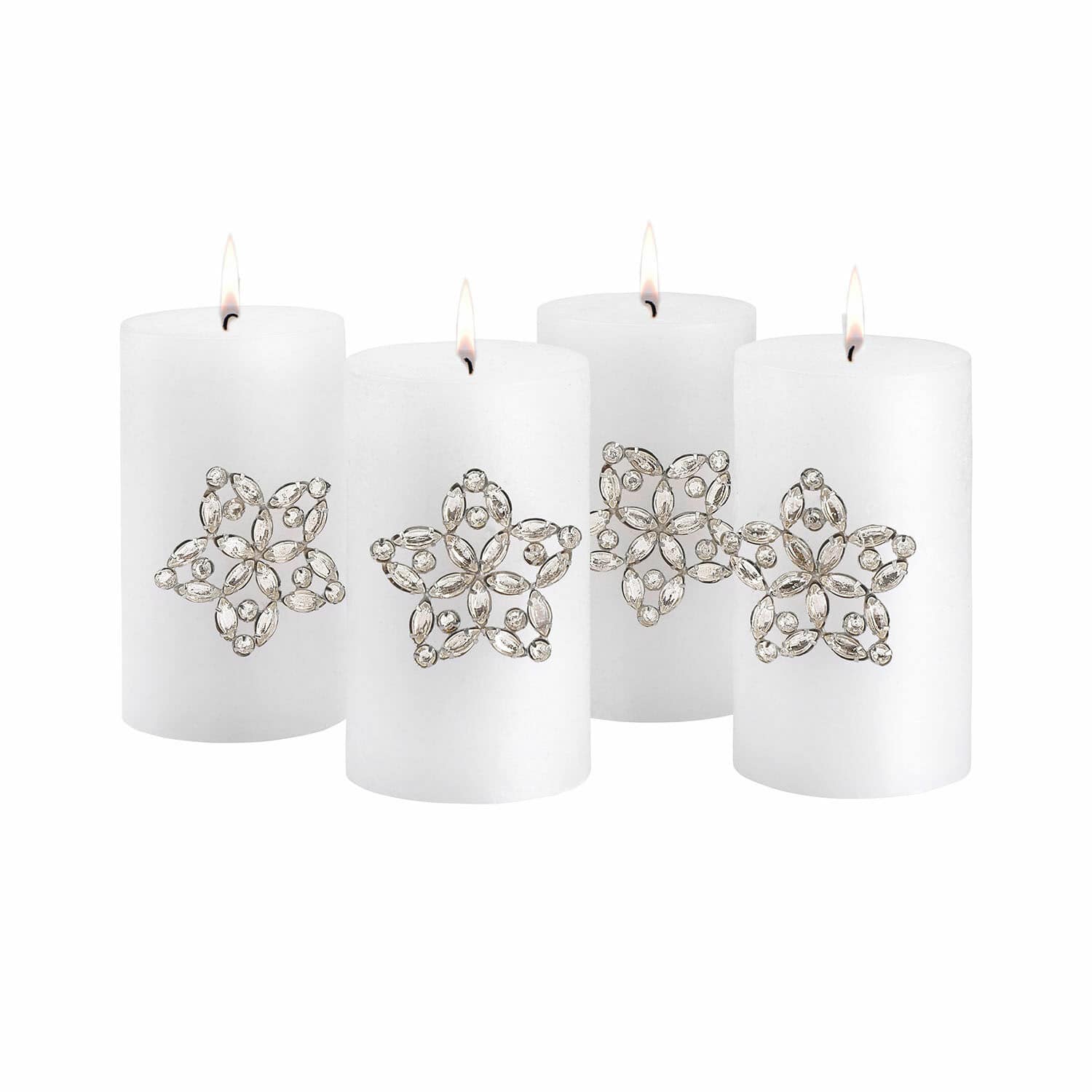 Set de 4 pines decorativos Custer Conjunto de cuatro velas blancas con estrellas de cristal plateado para decoración interior