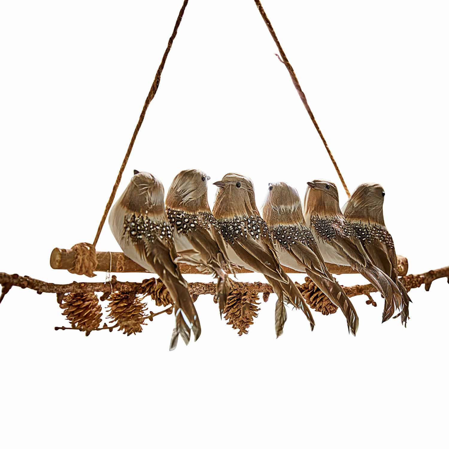 Rama con pájaros Orely Decoración colgante con seis pájaros marrones y piñas en rama de madera con cuerda