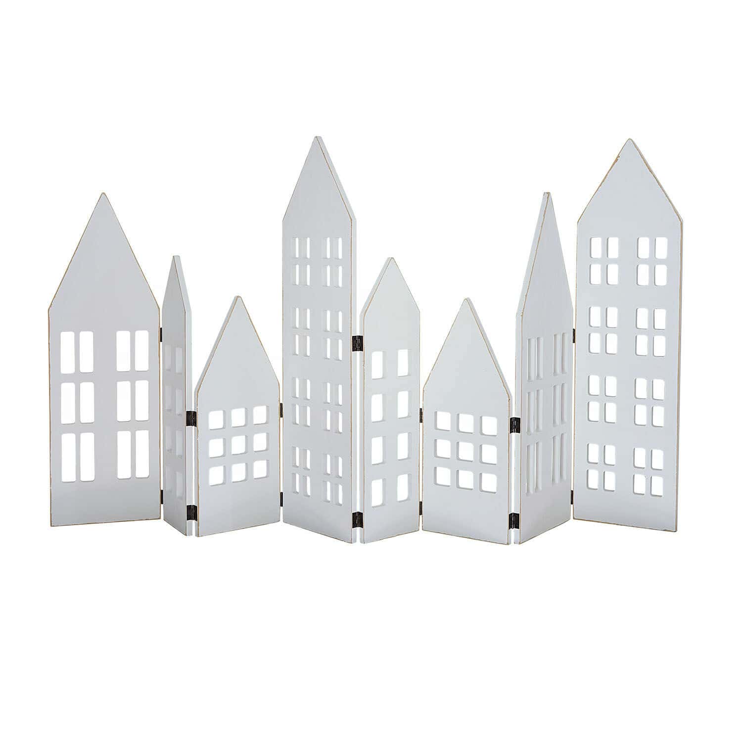 Casitas decorativas Cottages Biombo decorativo de madera blanca con forma de casas y ventanas recortadas, adorno para interiores