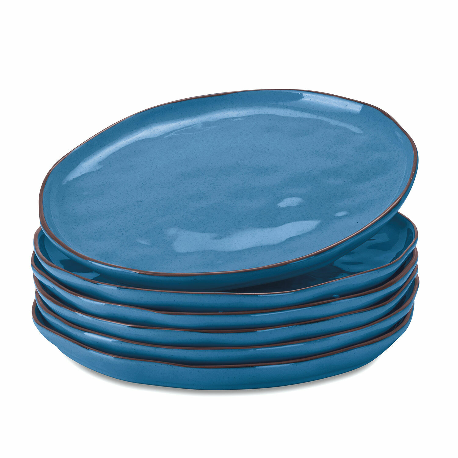 Set de 6 platos Biarré Juego de seis platos de cerámica azul con borde marrón para comedor