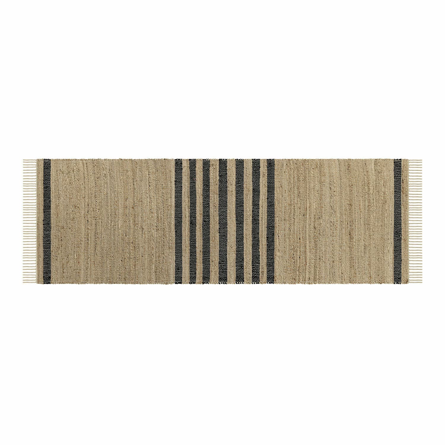 Alfombra beige con rayas negras de material natural, ideal para interiores y pasillos