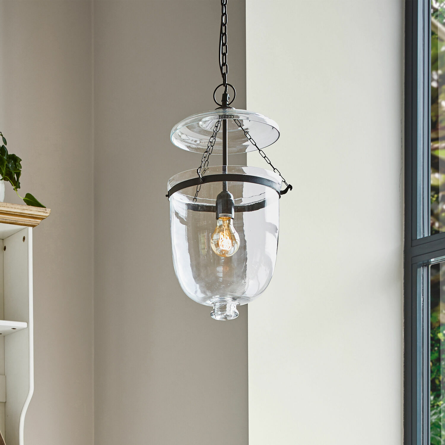Lámpara colgante Lanta Lámpara colgante de vidrio con cadena metálica negra, iluminación moderna para interiores