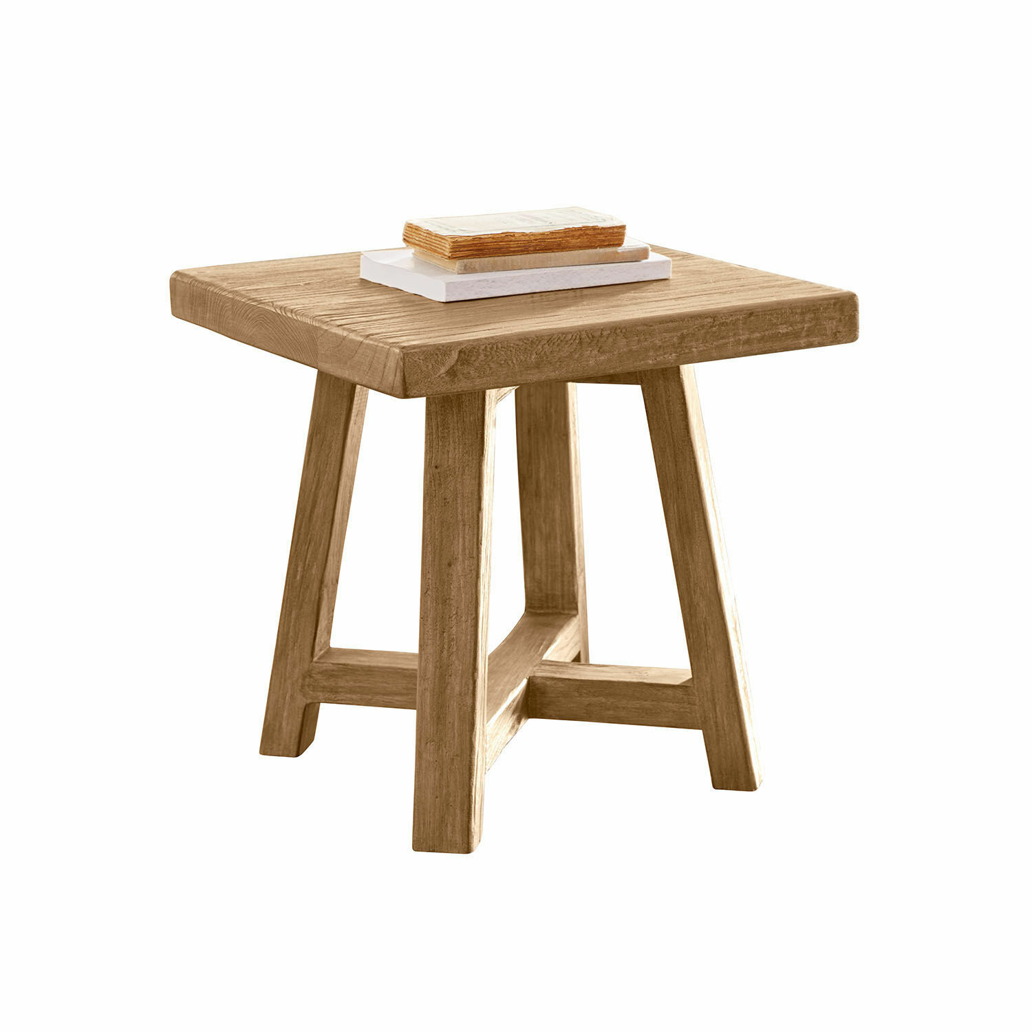 Mesa auxiliar cuadrada de madera natural con libros encima, mueble para salón