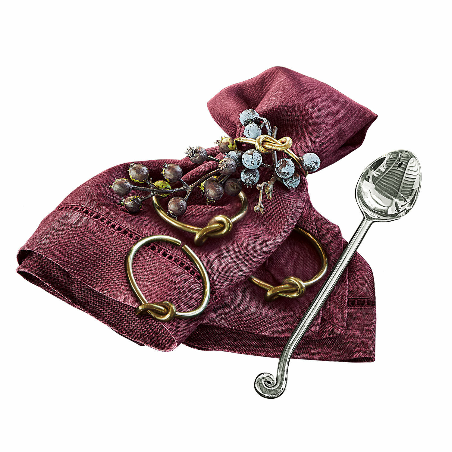 Set de 4 servilleteros Motje Servilleta de lino burdeos con anillo de latón y decoración de bayas para mesa