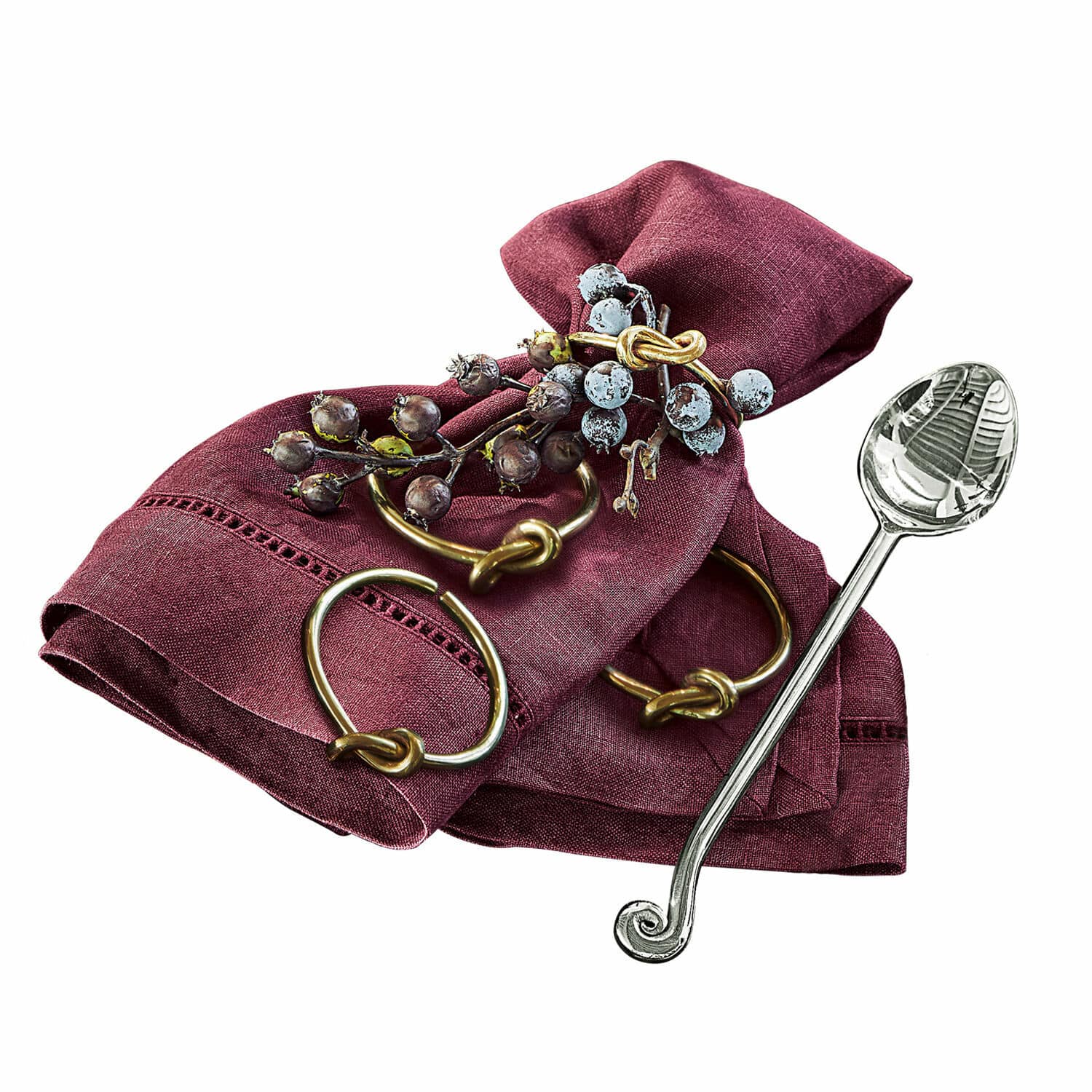 Set de 4 servilleteros Motje Servilleta de lino burdeos con anillo de latón y decoración de bayas para mesa