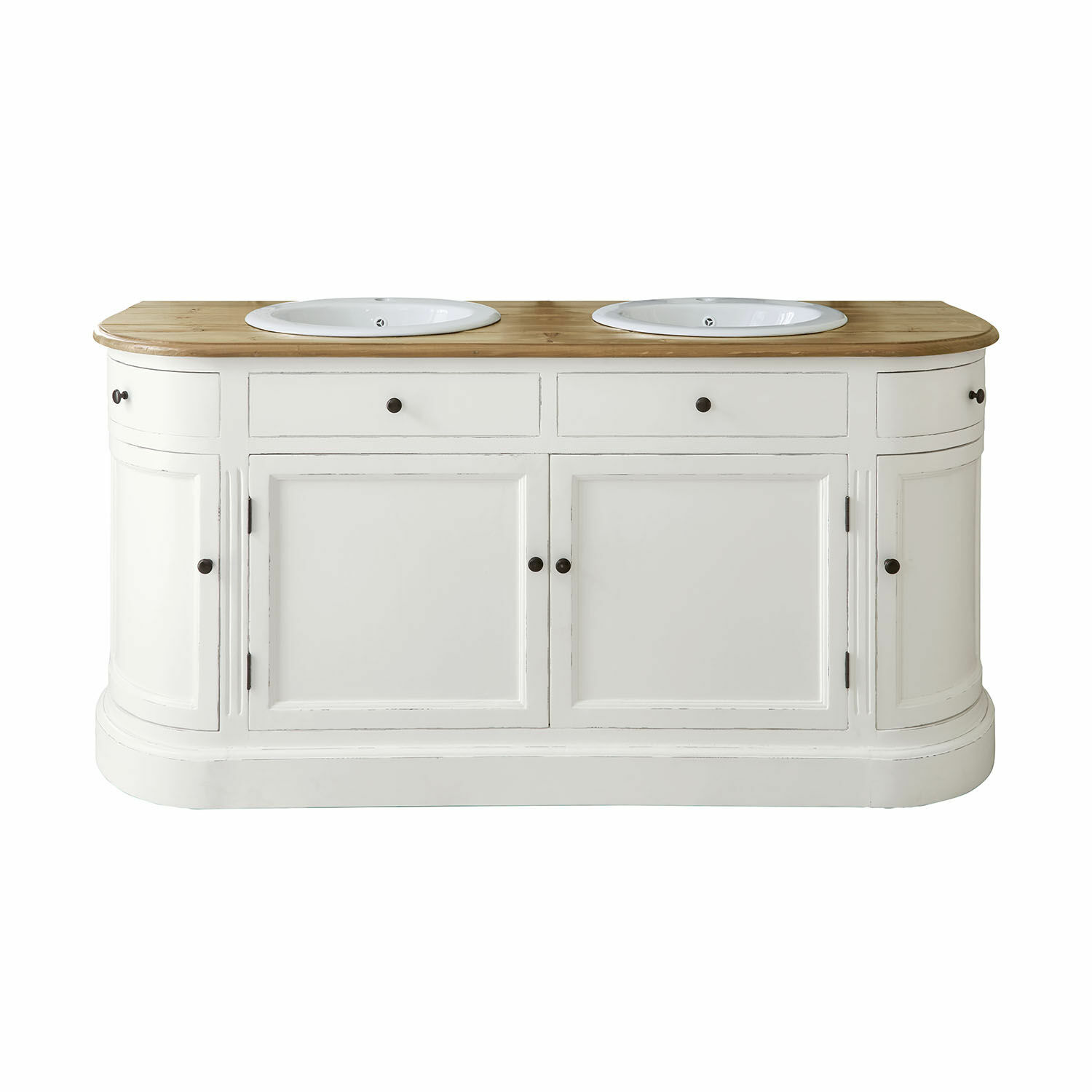 Mueble de baño con lavabo doble Louisiana Mueble de baño blanco con dos lavabos blancos y encimera de madera clara