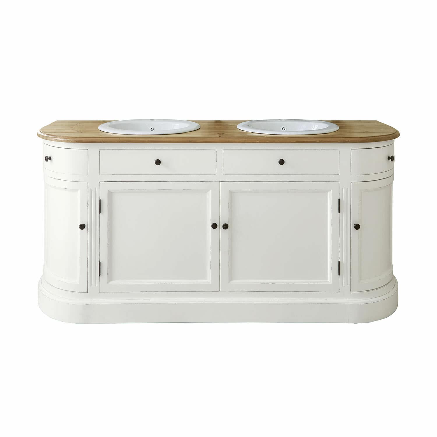 Mueble de baño con lavabo doble Louisiana Mueble de baño blanco con dos lavabos blancos y encimera de madera clara