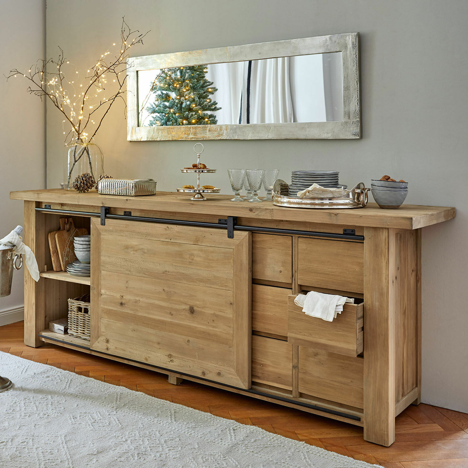 Cómoda Orleans Aparador de madera natural con puertas correderas y cajones para almacenamiento en salón