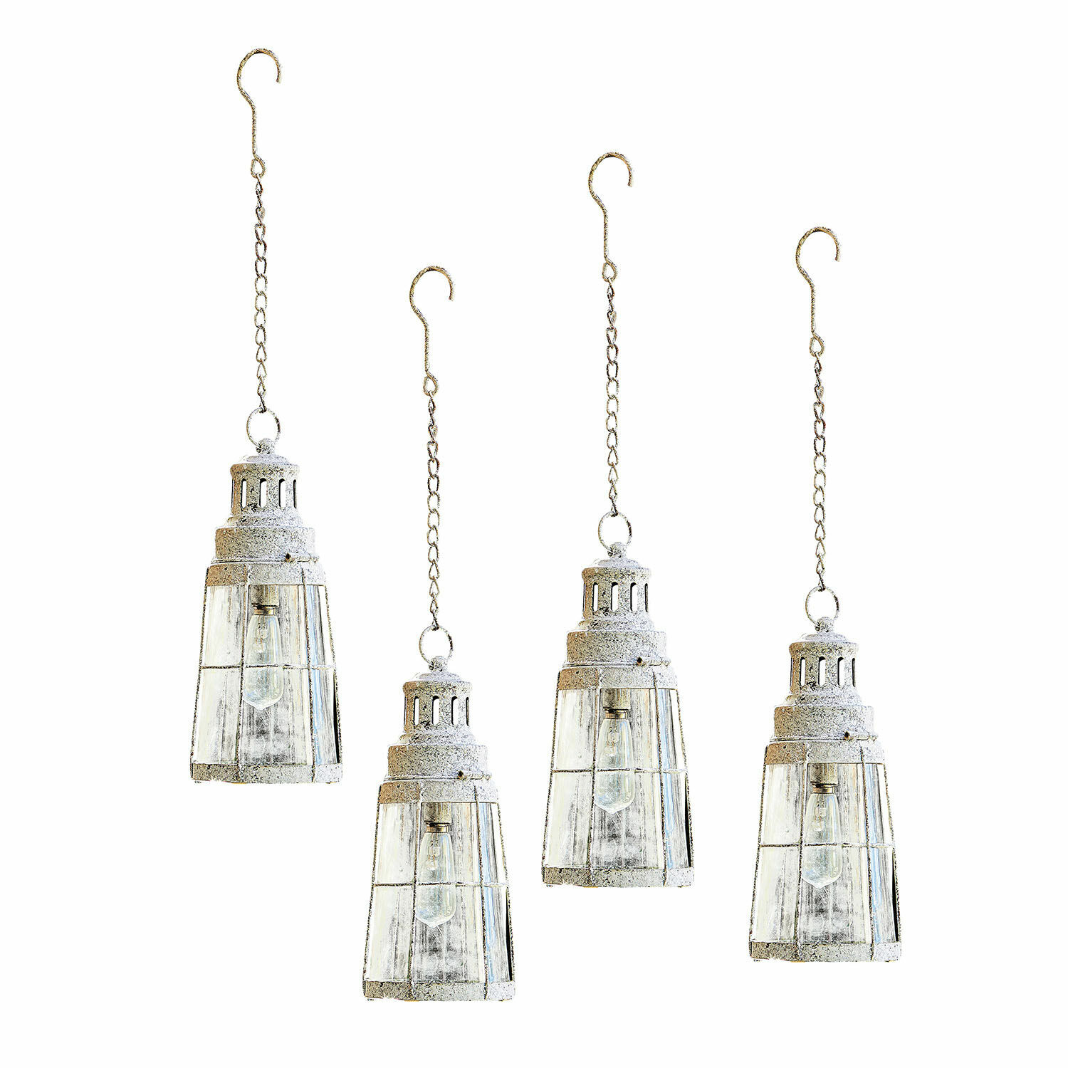 Set de 4 faroles LED color blanco antiguo de metal y vidrio para decoración interior y exterior