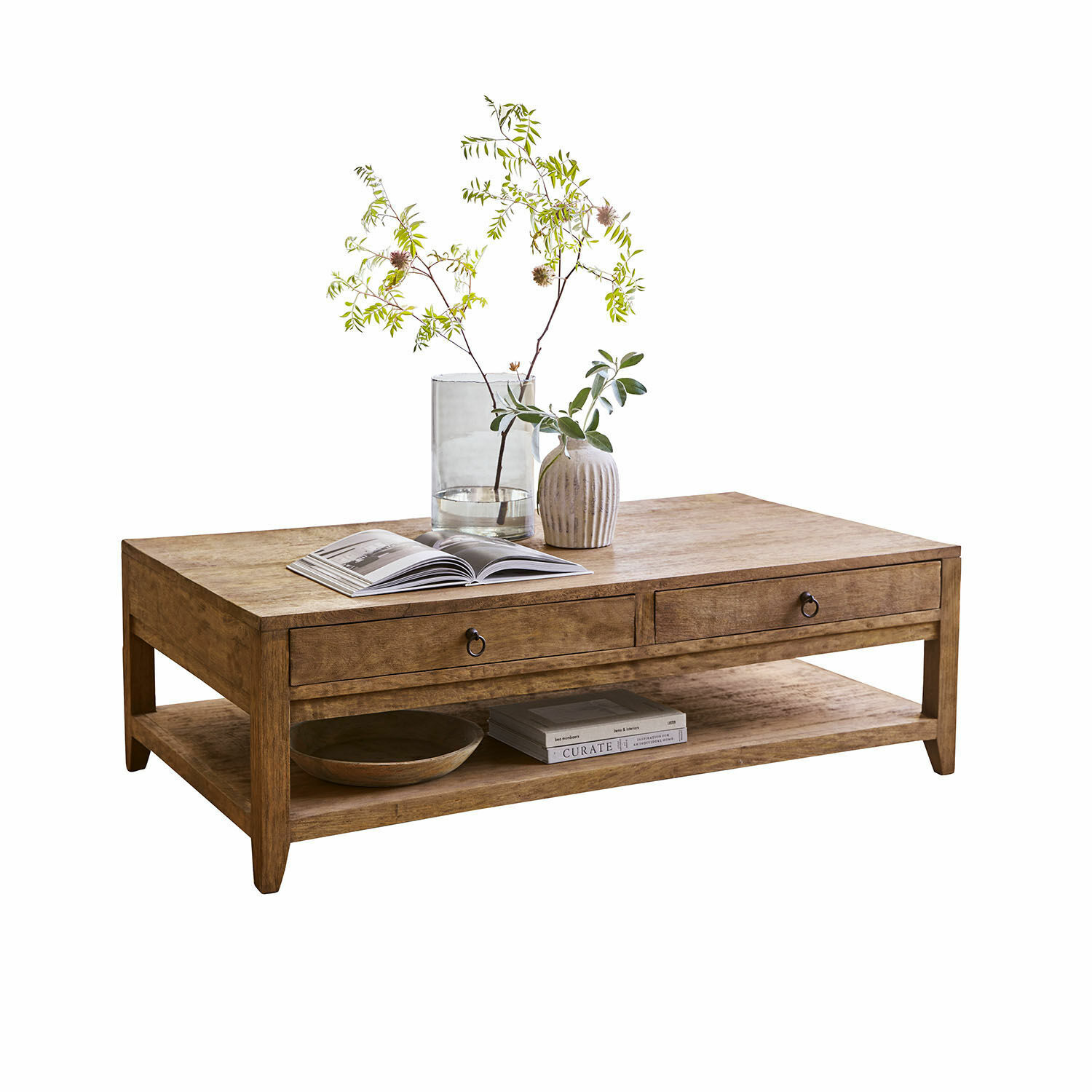 Mesa de centro Rasmus Mesa de centro de madera de mango natural con dos cajones y estante para libros y decoración