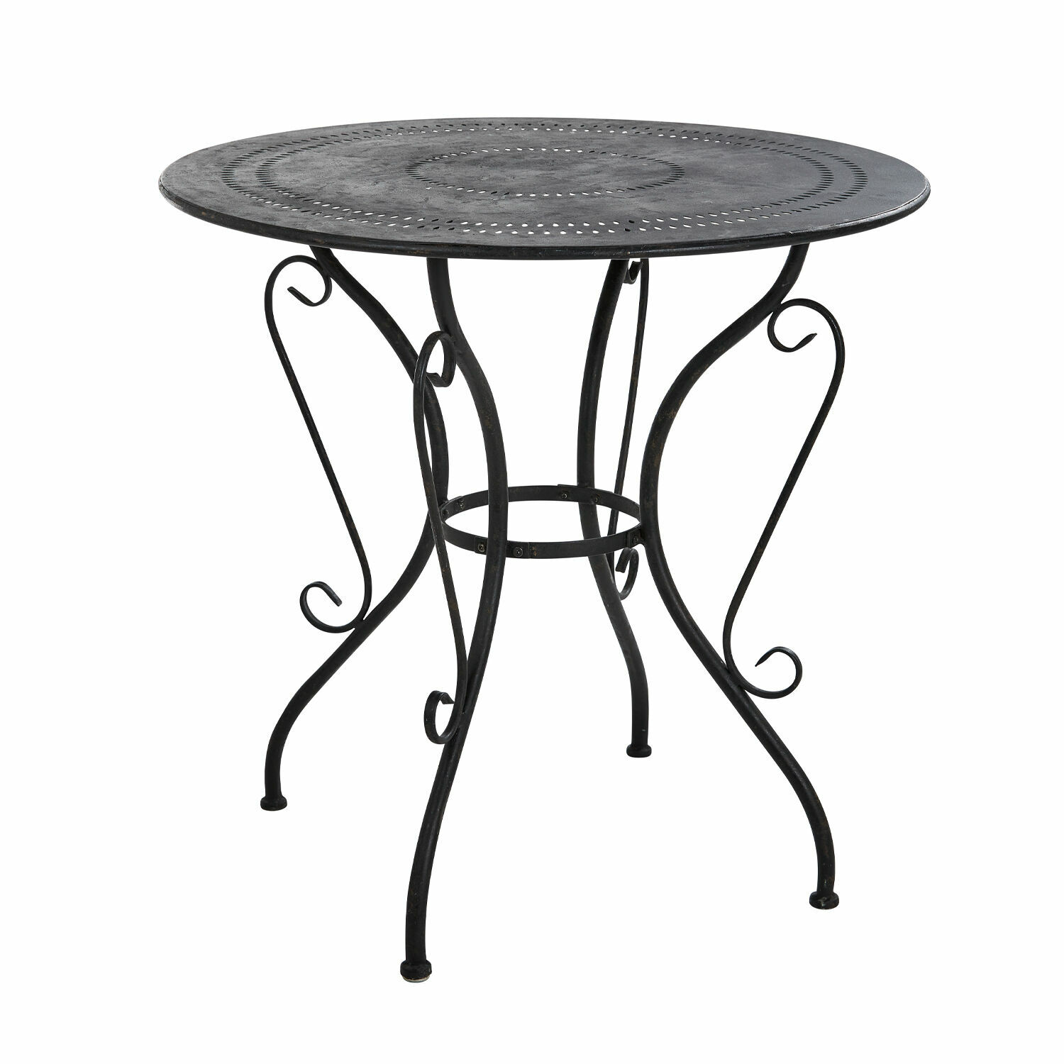 Mesa redonda de metal negro con tablero calado y patas decorativas para jardín