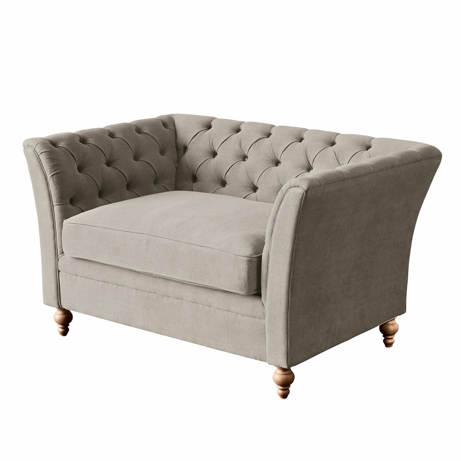 Sofá Clères Sofá gris tapizado con respaldo capitoné y patas de madera, mueble cómodo para salón