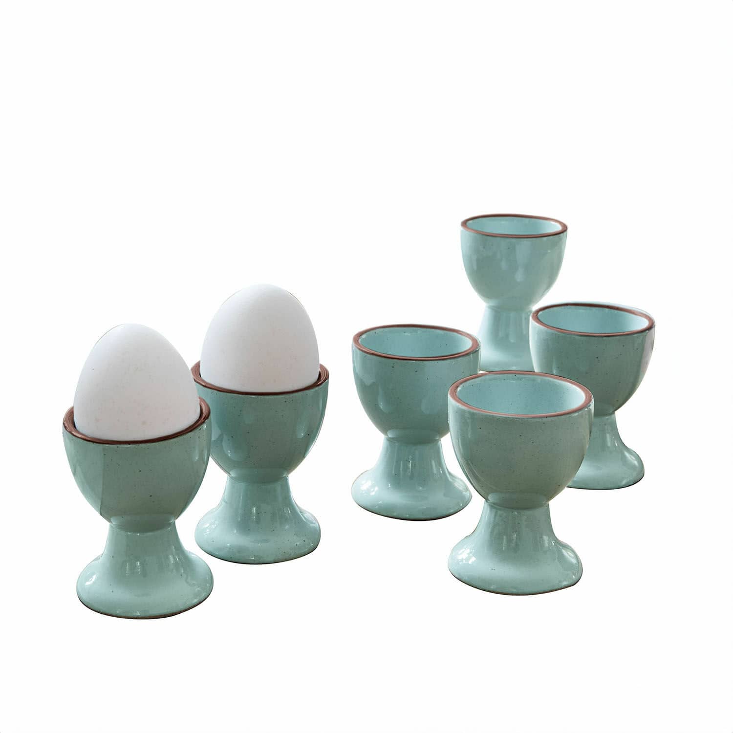 Set de 6 hueveras de cerámica turquesa con borde marrón para desayuno