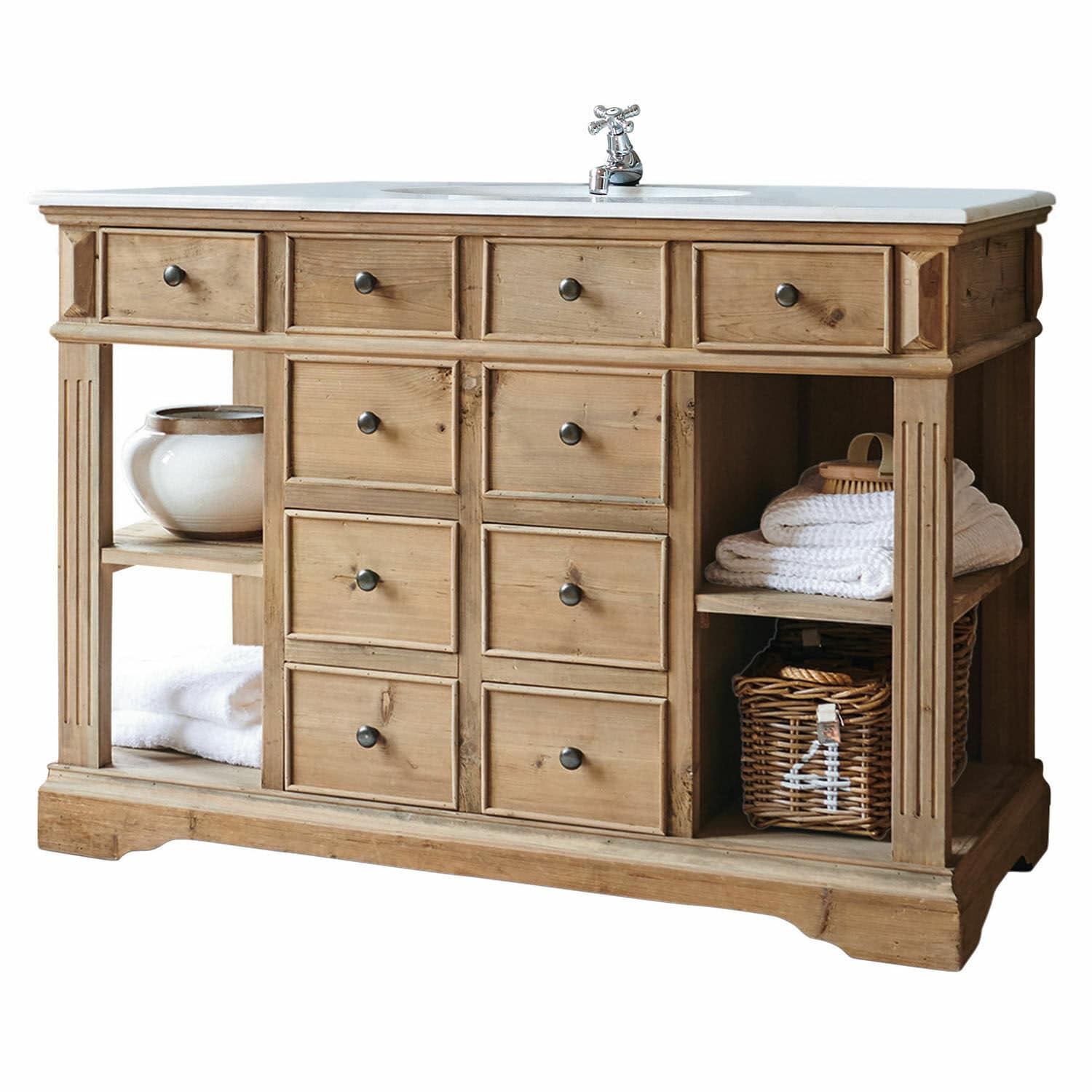 Mueble de baño con lavabo Thibault Mueble de baño de madera con encimera de mármol blanco y grifo metálico, color madera natural