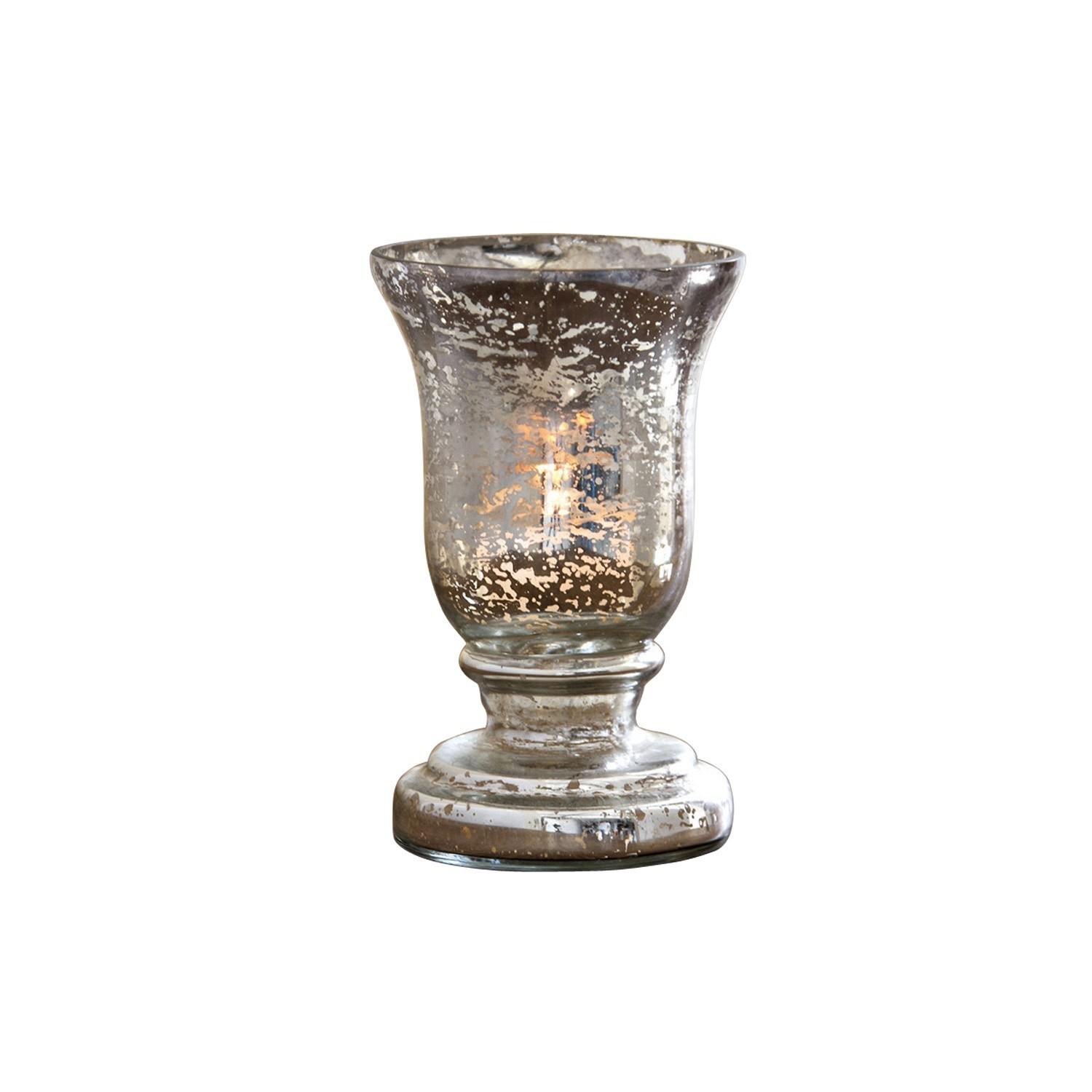 Farolillo Catus Portavelas de vidrio con acabado plateado envejecido, accesorio decorativo para iluminación ambiental