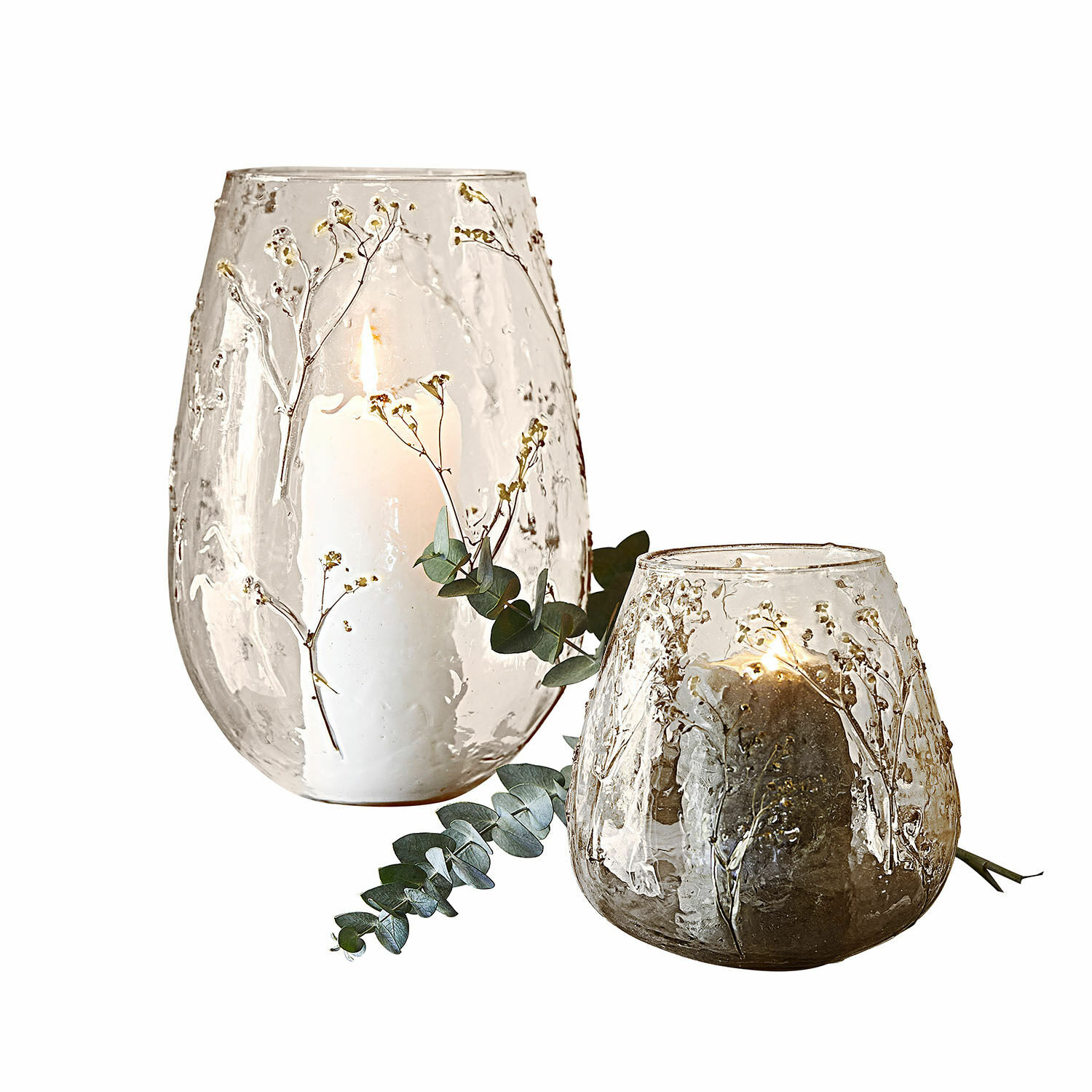 Set de 2 portavelas Elorisse Faroles de vidrio con diseño de ramas y flores secas, transparentes y marrones, decoración para interiores