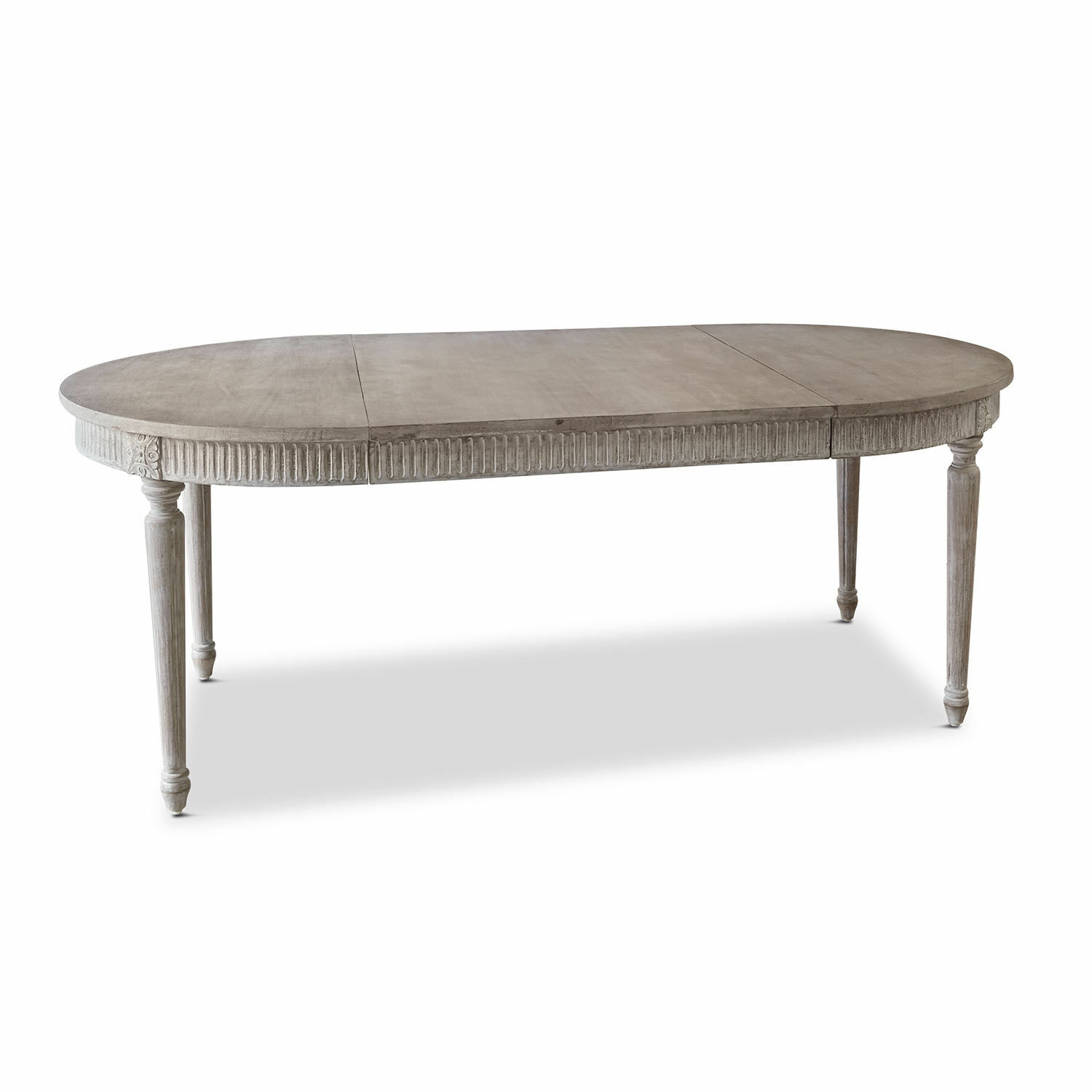 Mesa Cienegas Mesa ovalada de madera gris con patas decorativas, estilo vintage para comedor elegante