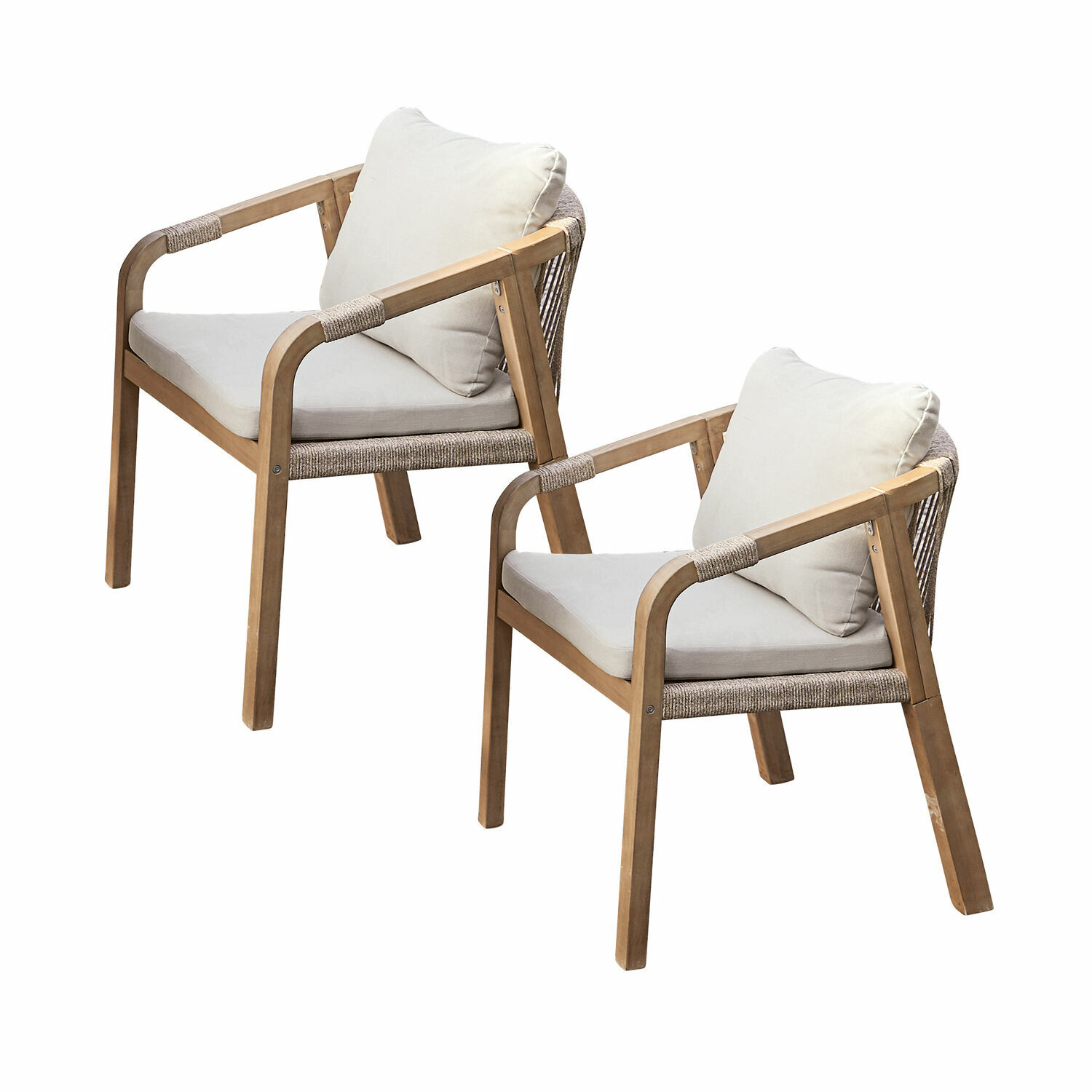 marrón/crema Conjunto de dos sillas Kennedy de madera FSC, estructura marrón y cojines crema, muebles cómodos para salón
