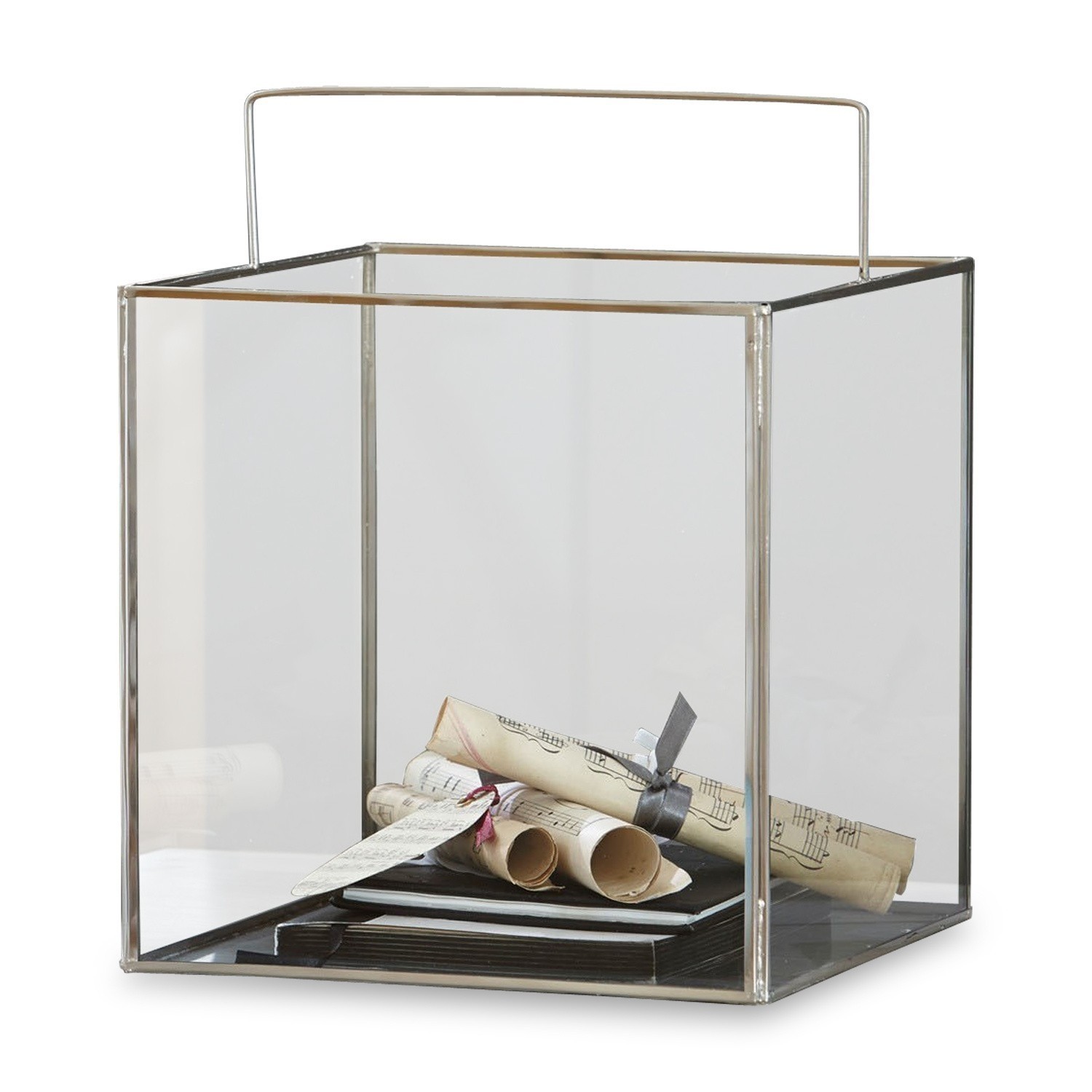 Farolillo Otero Linterna de vidrio transparente con marco metálico y asa, elemento decorativo para interiores