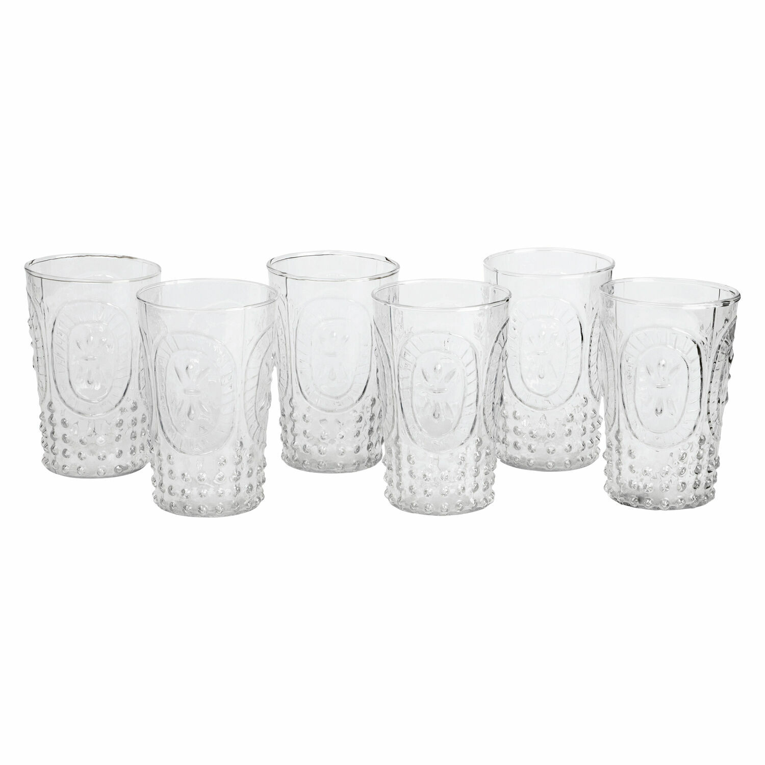 Juego de seis vasos transparentes de vidrio con relieve decorativo y puntos en relieve