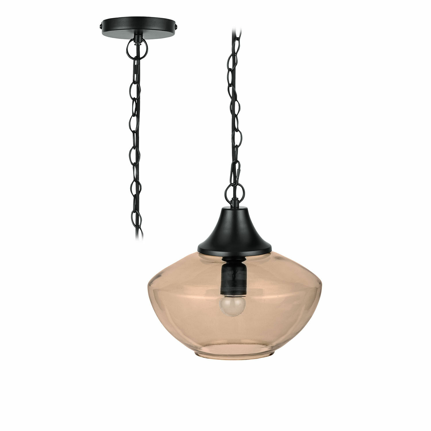 Lámpara colgante de vidrio con soporte metálico negro y cadena, iluminación moderna para interiores