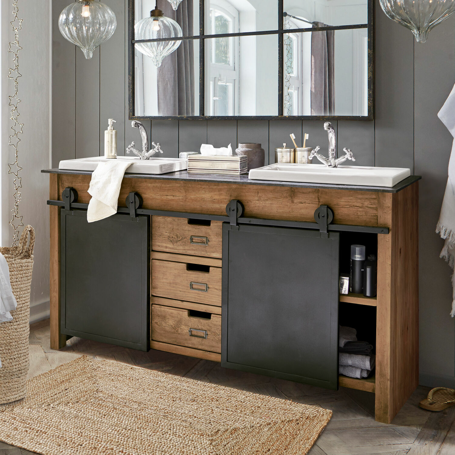 Lavabo doble Aulon Mueble de baño de madera con puertas correderas metálicas negras y lavabo doble