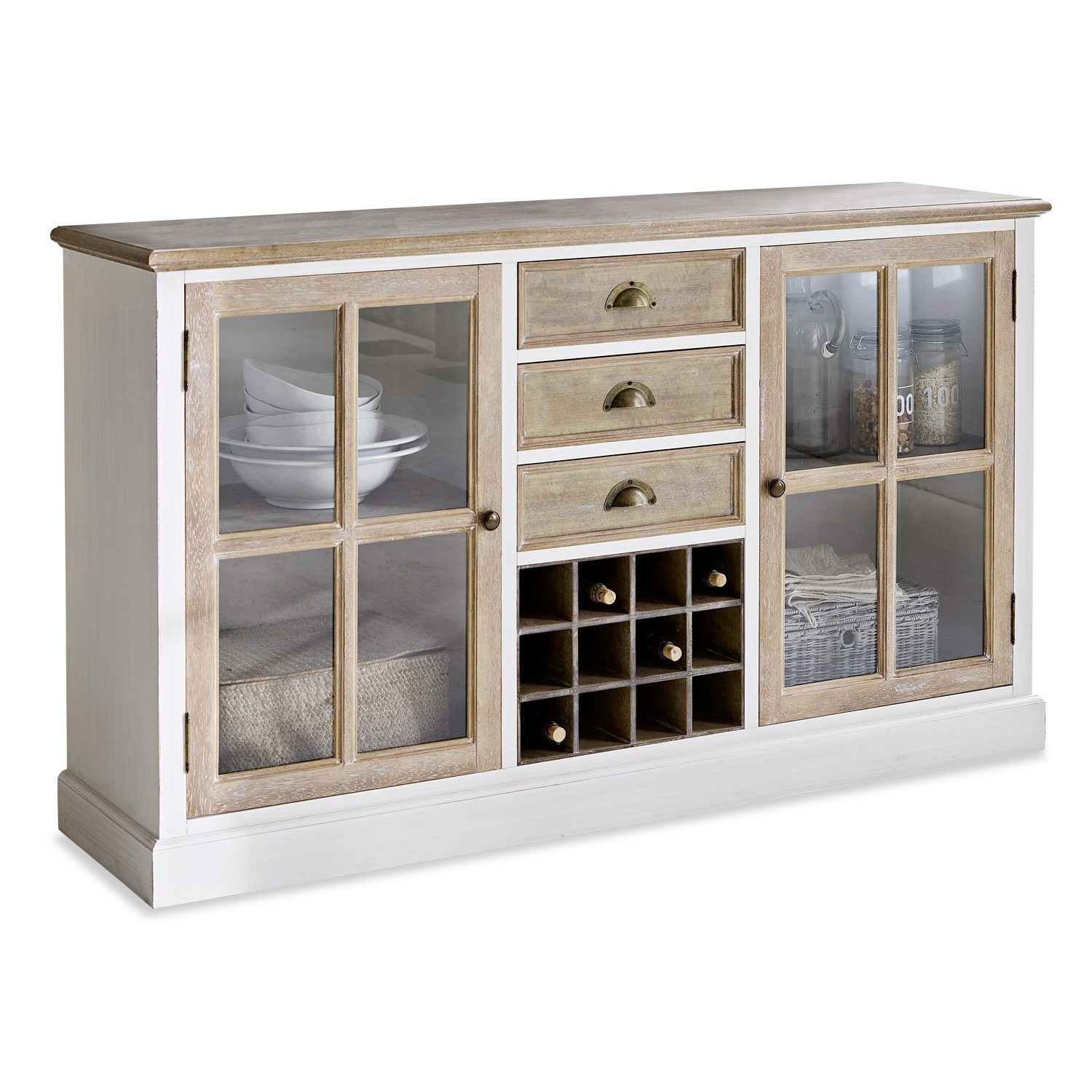 Cómoda Magoffin Aparador de madera y vidrio en blanco y natural con cajones y espacio para vino