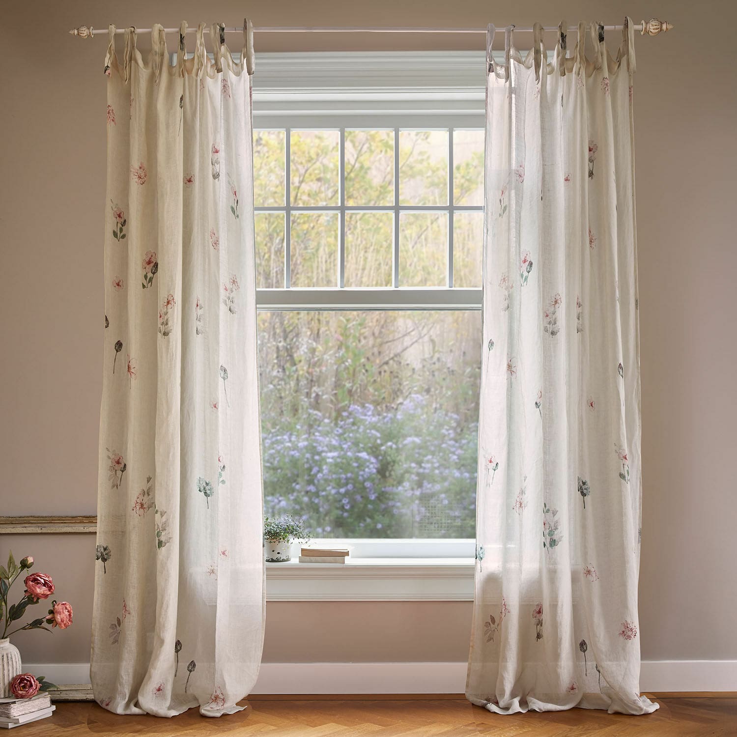 Cortina Normelie Cortinas translúcidas de lino color crema con delicado estampado floral para decoración de ventanas