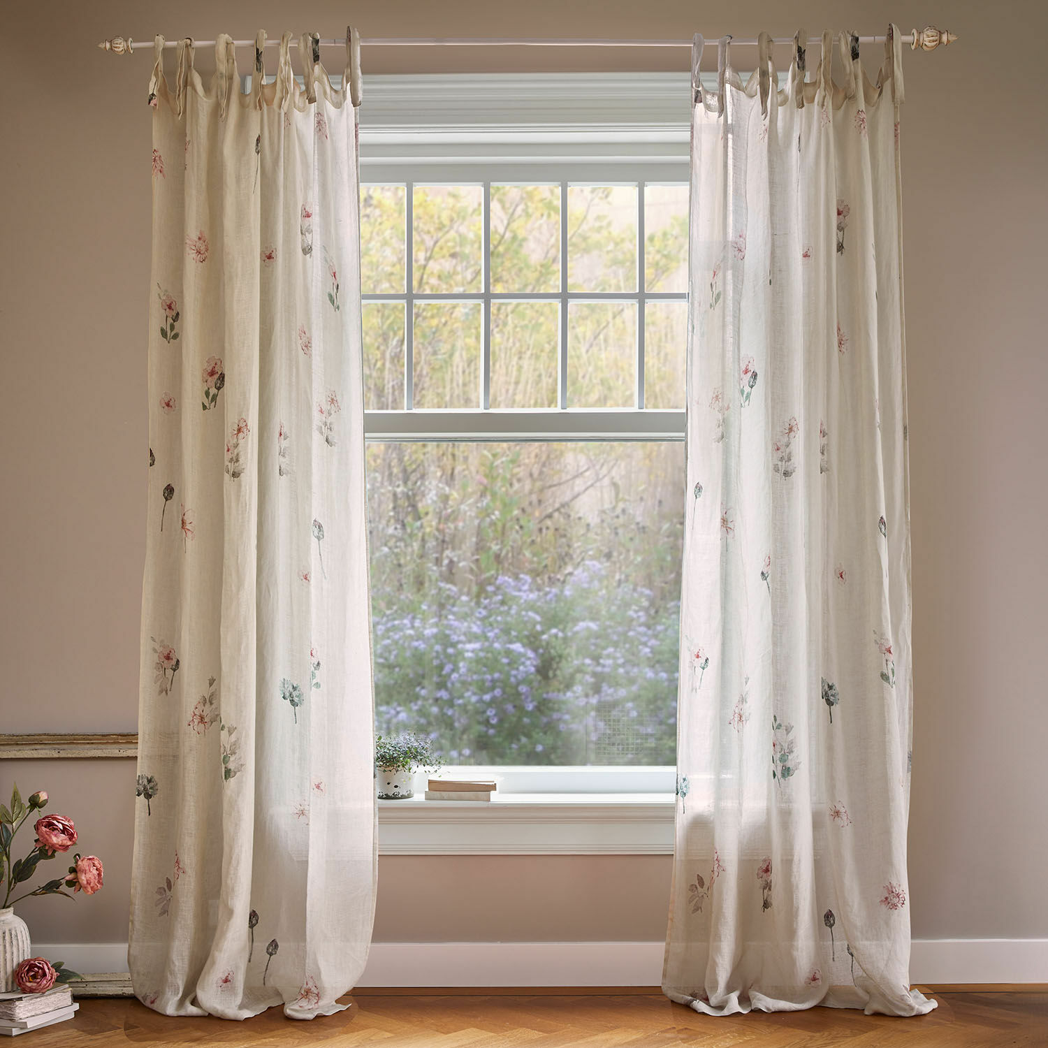 Cortina Normelie Cortinas translúcidas de lino color crema con delicado estampado floral para decoración de ventanas