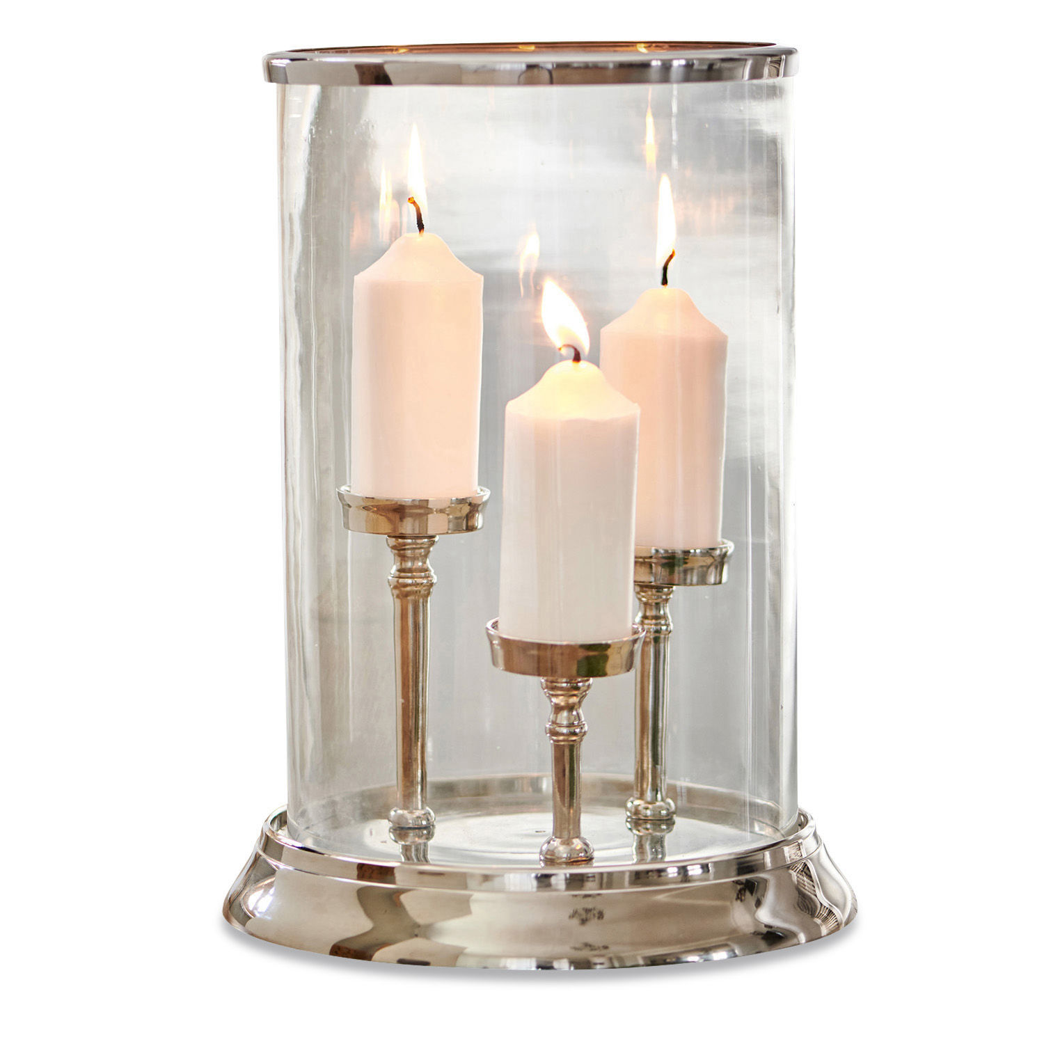 Farolillo Vinzan Portavelas de vidrio con base metálica y tres velas blancas encendidas, decoración para interiores