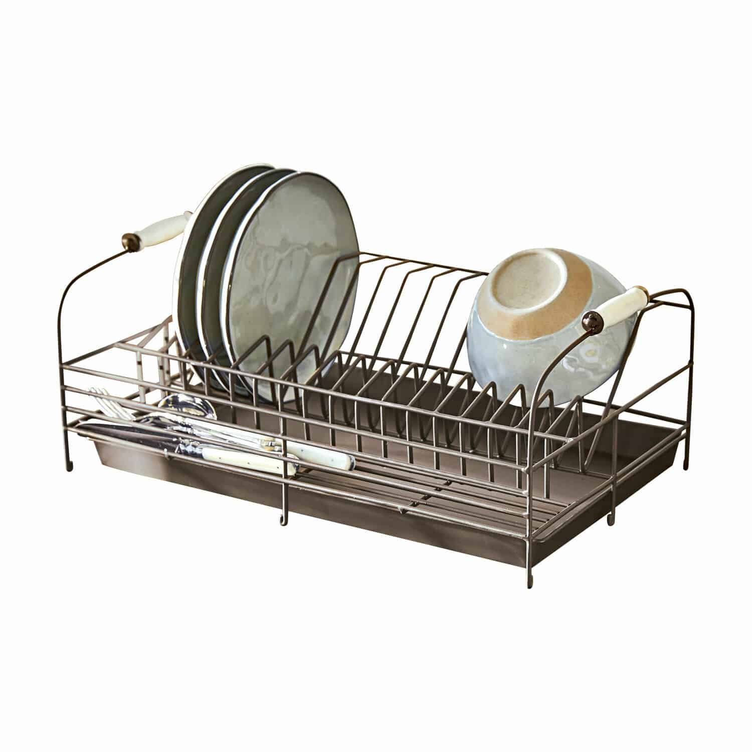 Soporte para vajilla Nara Escurridor de platos metálico marrón con asas y bandeja para platos y cubiertos