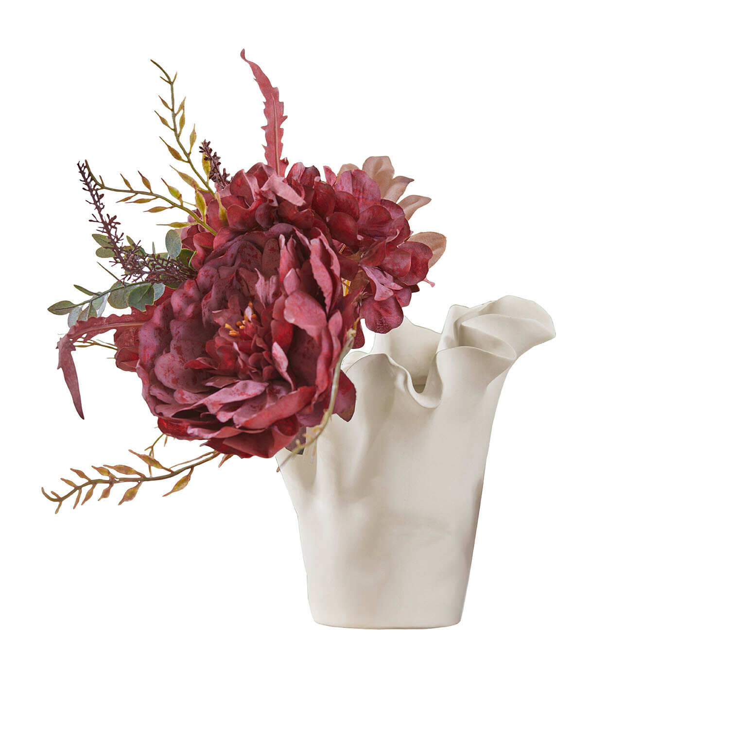 Jarrón Elvessa Jarrón de cerámica blanca con borde ondulado con flores artificiales rojas y hojas verdes decorativas