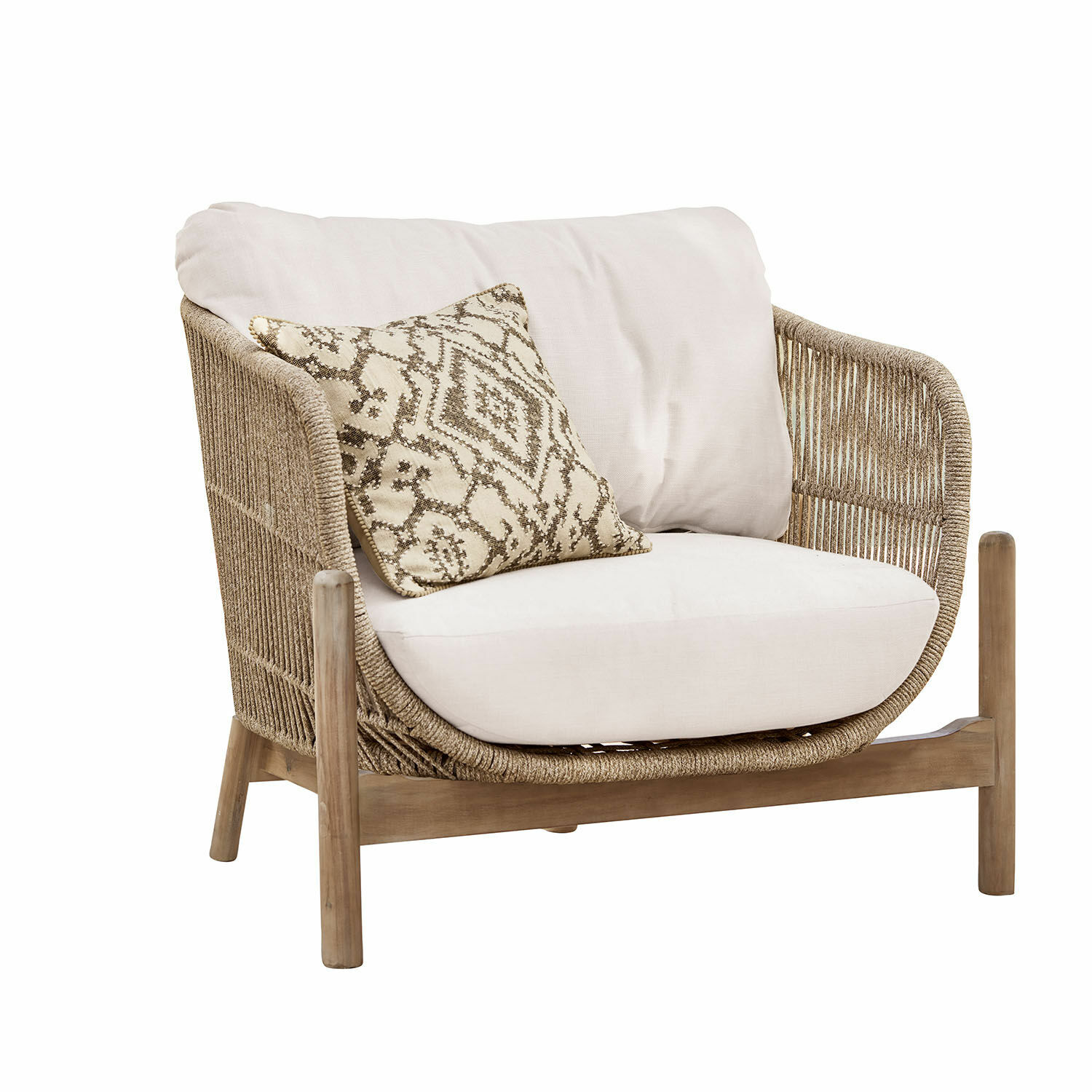 Sillón FSC®-100% Belvidere Sillón con cojín beige y respaldo trenzado de madera natural y tela suave