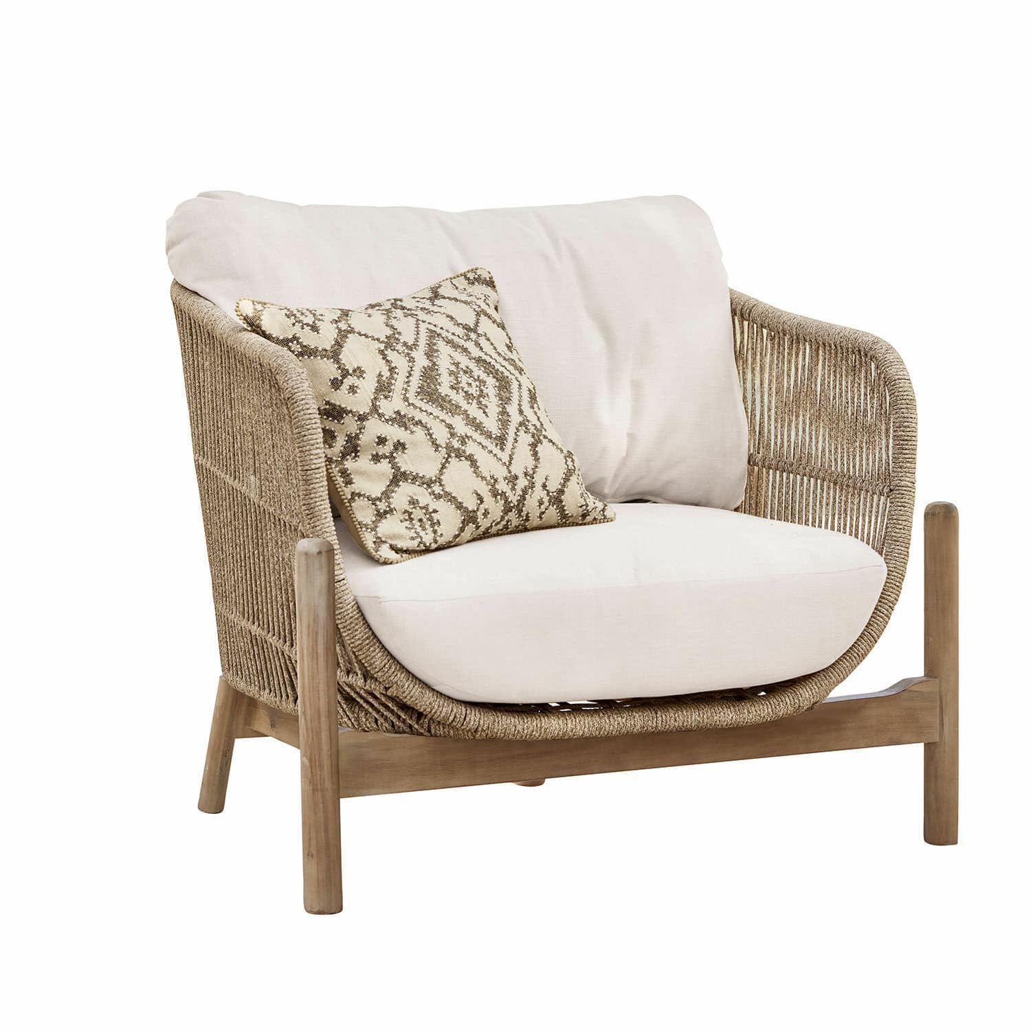 Sillón FSC®-100% Belvidere Sillón con cojín beige y respaldo trenzado de madera natural y tela suave